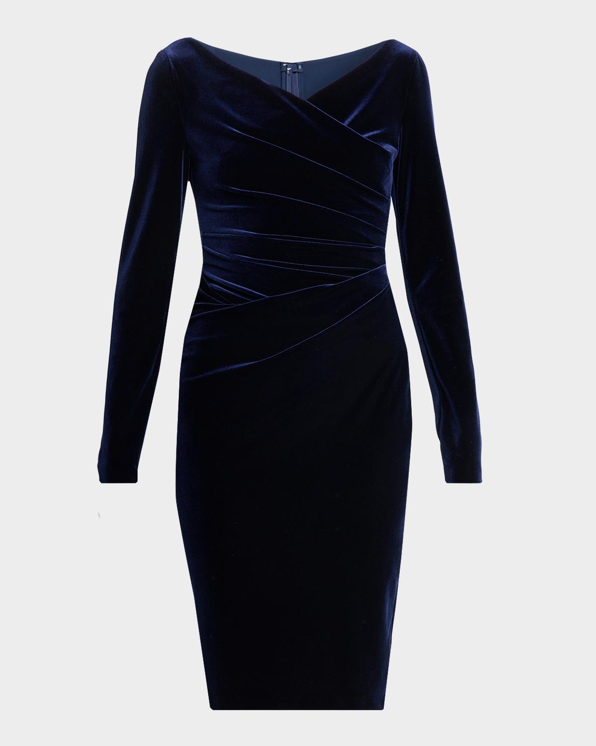 Talbot Runhof Draped Stretch Velvet Long-sleeve Sheath Dress In Moonlight