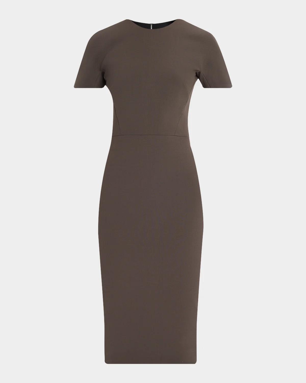 Victoria Beckham Claude Short-sleeve Wool-blend Midi Dress In Khaki