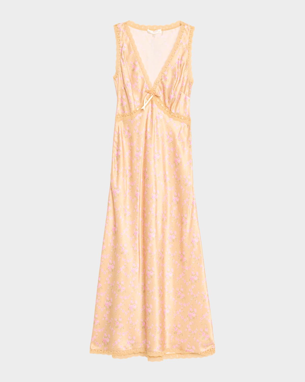Loveshackfancy Nirelle Floral Satin Midi Dress In Duchess Gold
