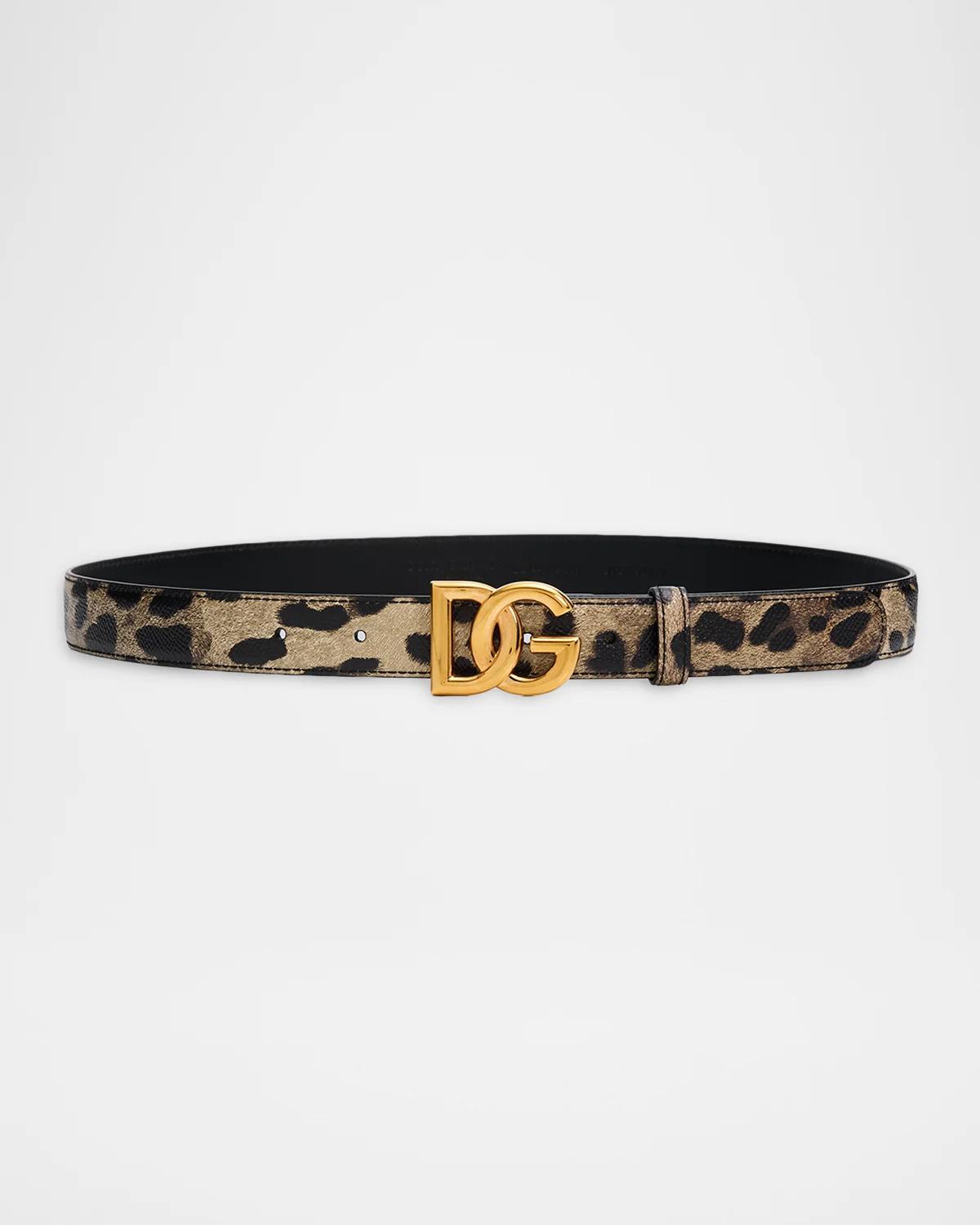 Dolce & Gabbana Leopard-print Glossy Leather Belt With Dg Logo In Leo New