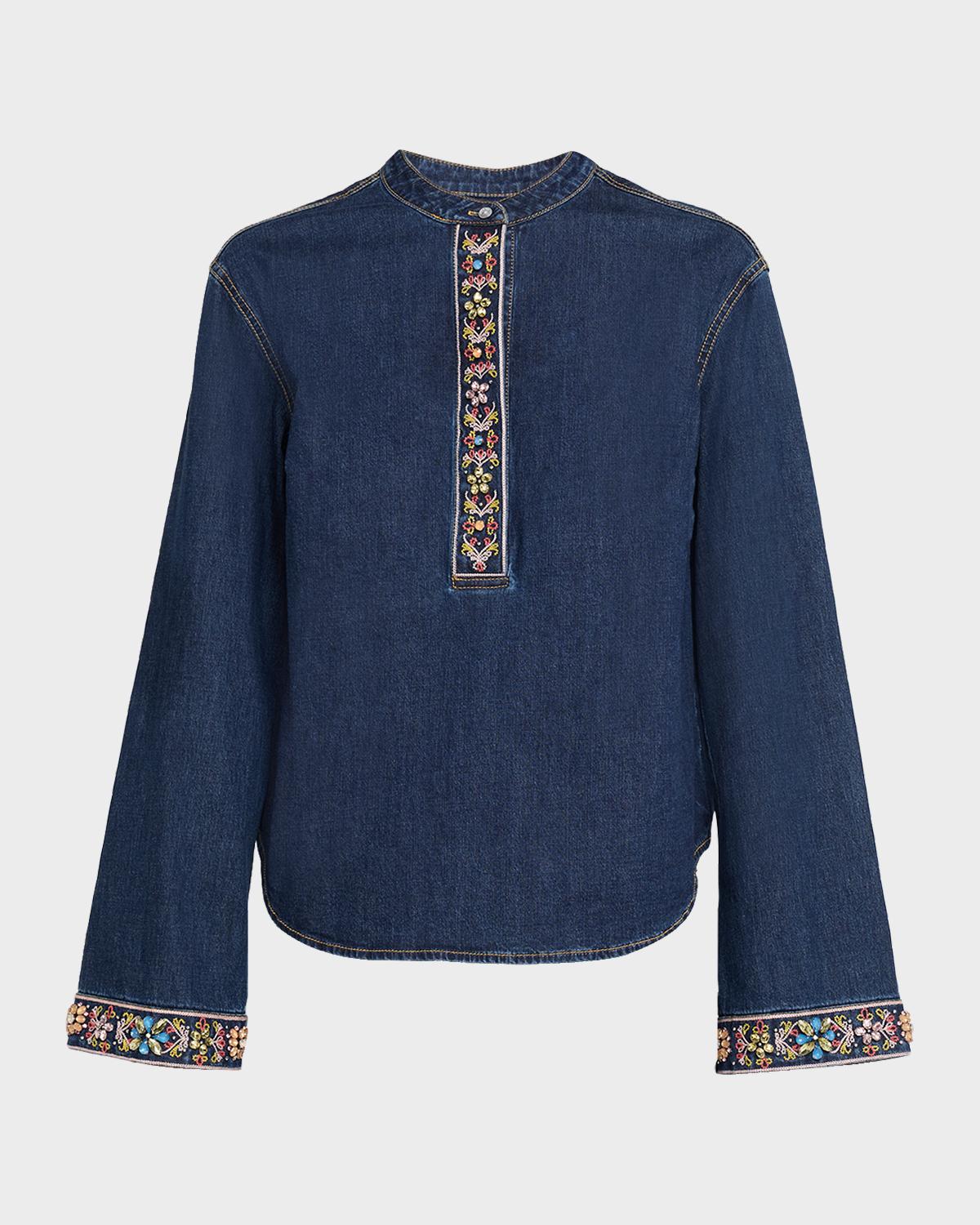 Cinq à Sept Birdie Embroidered Denim Top