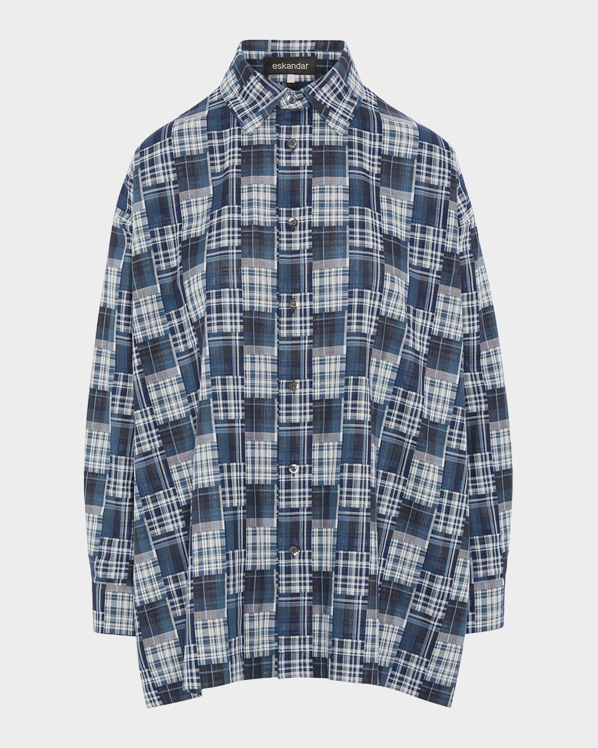 Eskandar A-Line Patchwork Plaid Cotton Shirt