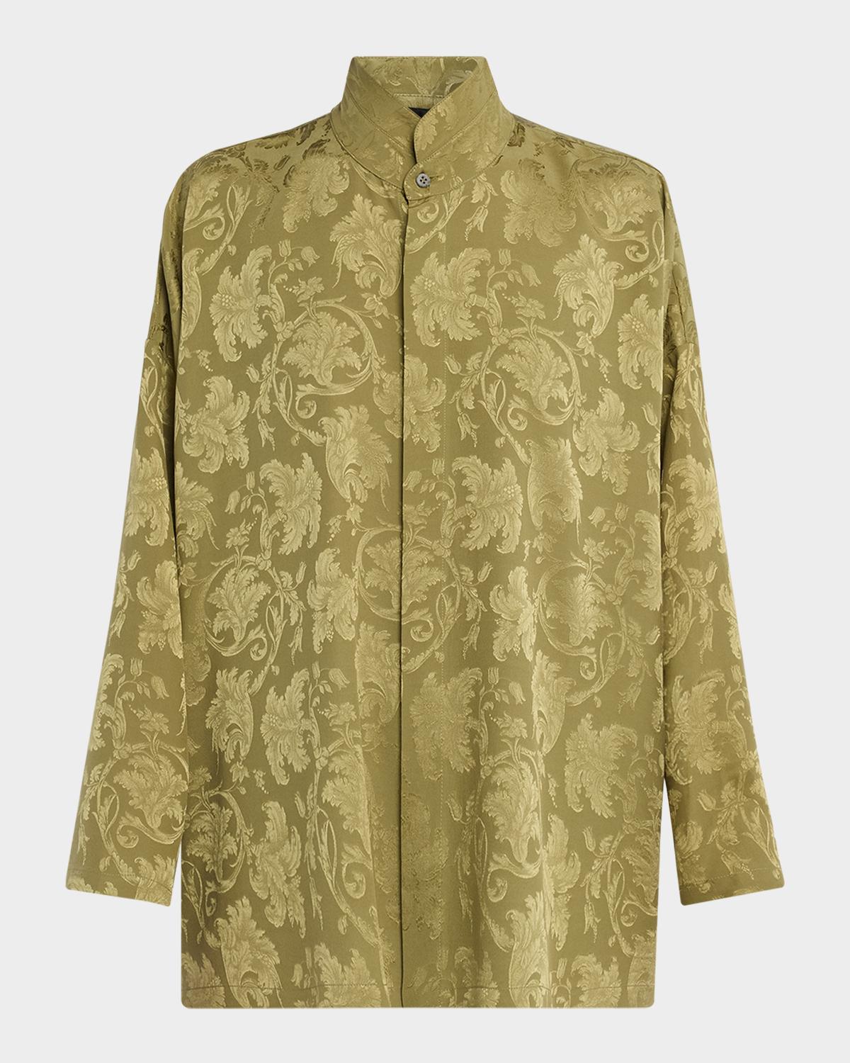 Eskandar Silk Jacquard Wide A-Line Double Stand Collar Shirt