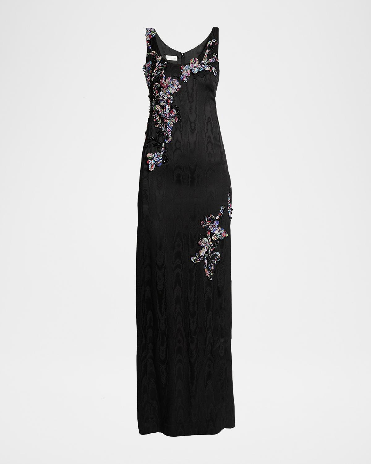 Dries Van Noten Sleeveless Embroidered Faille Column Gown In Black