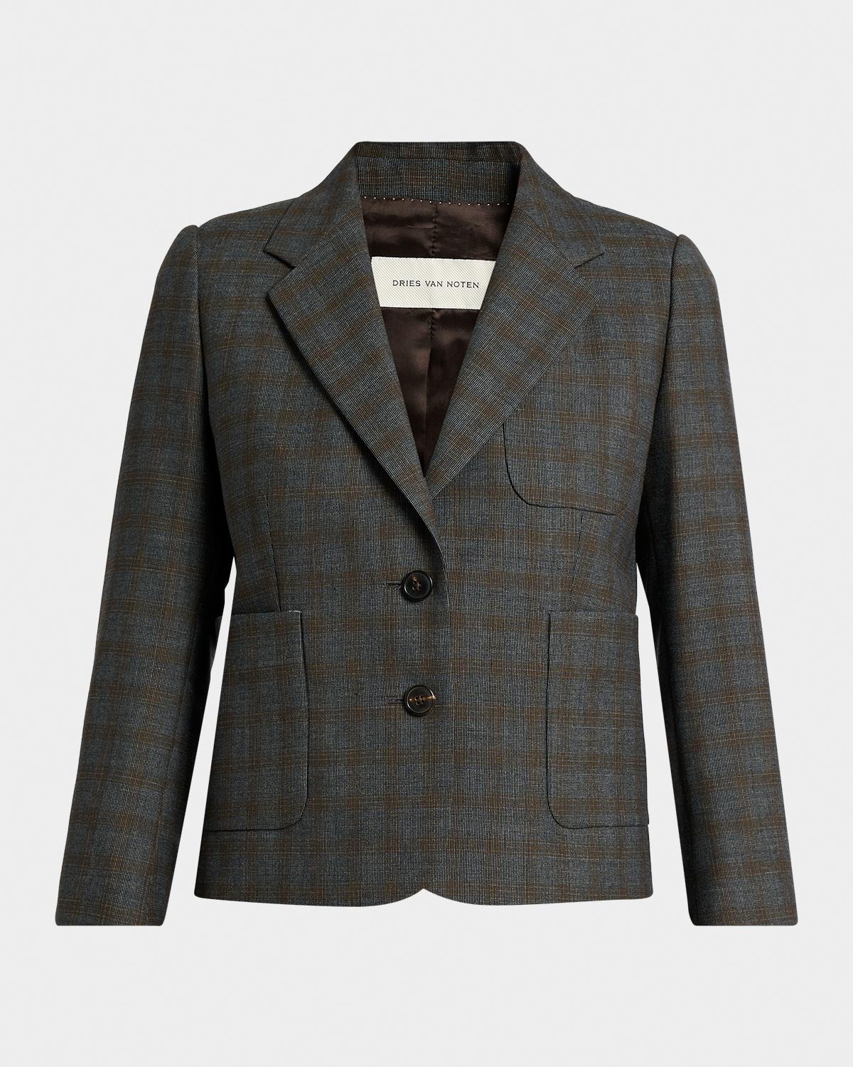 Dries Van Noten Check Single-breasted Shrunken Jacket In Brown