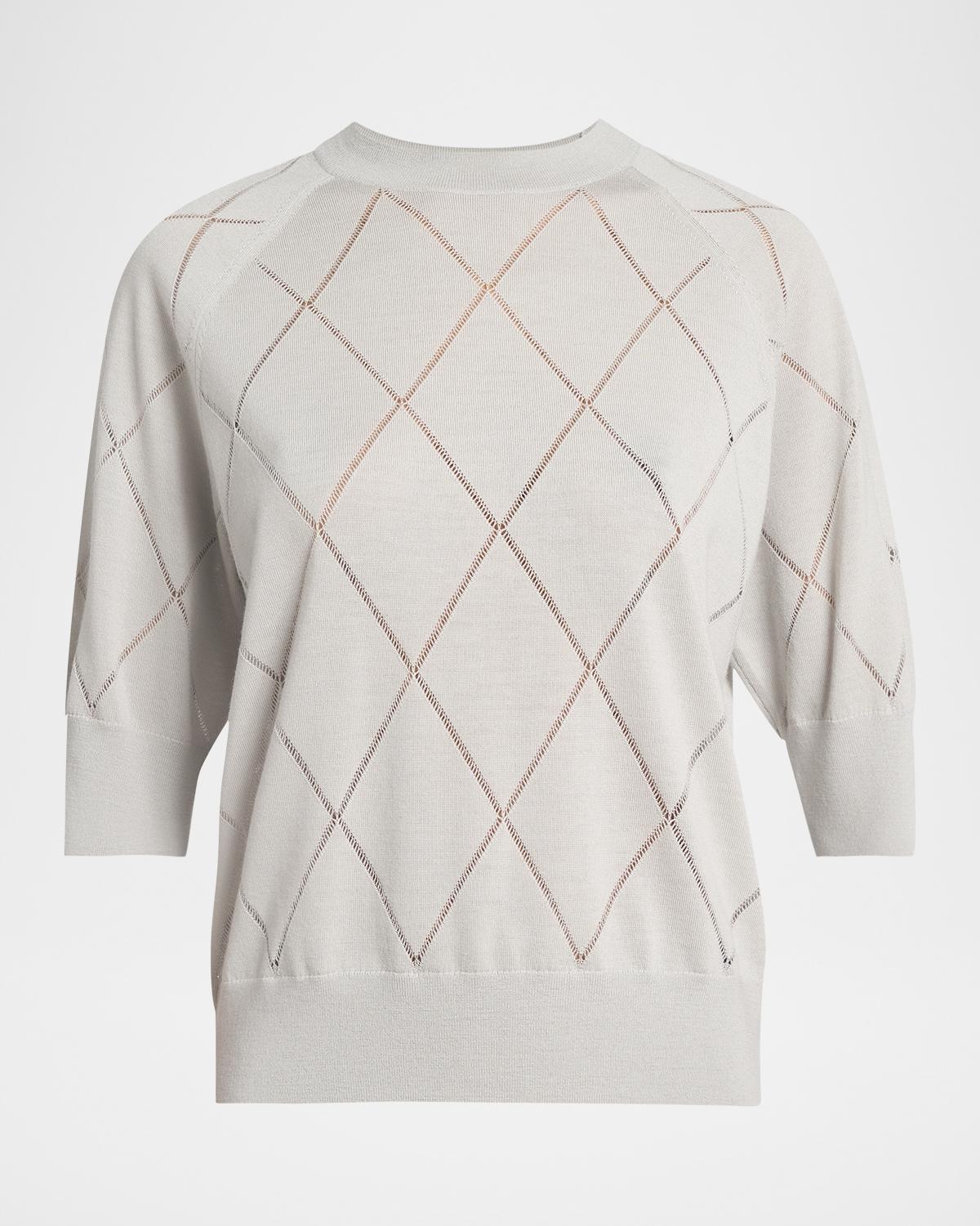 Dries Van Noten Diamond Knit Elbow-Sleeve Crewneck Sweater
