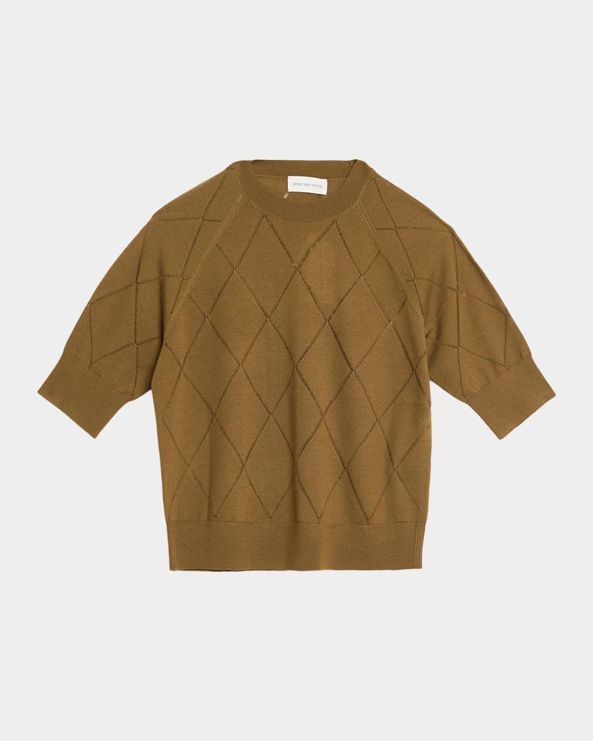 Dries Van Noten Diamond Knit Elbow-Sleeve Crewneck Sweater
