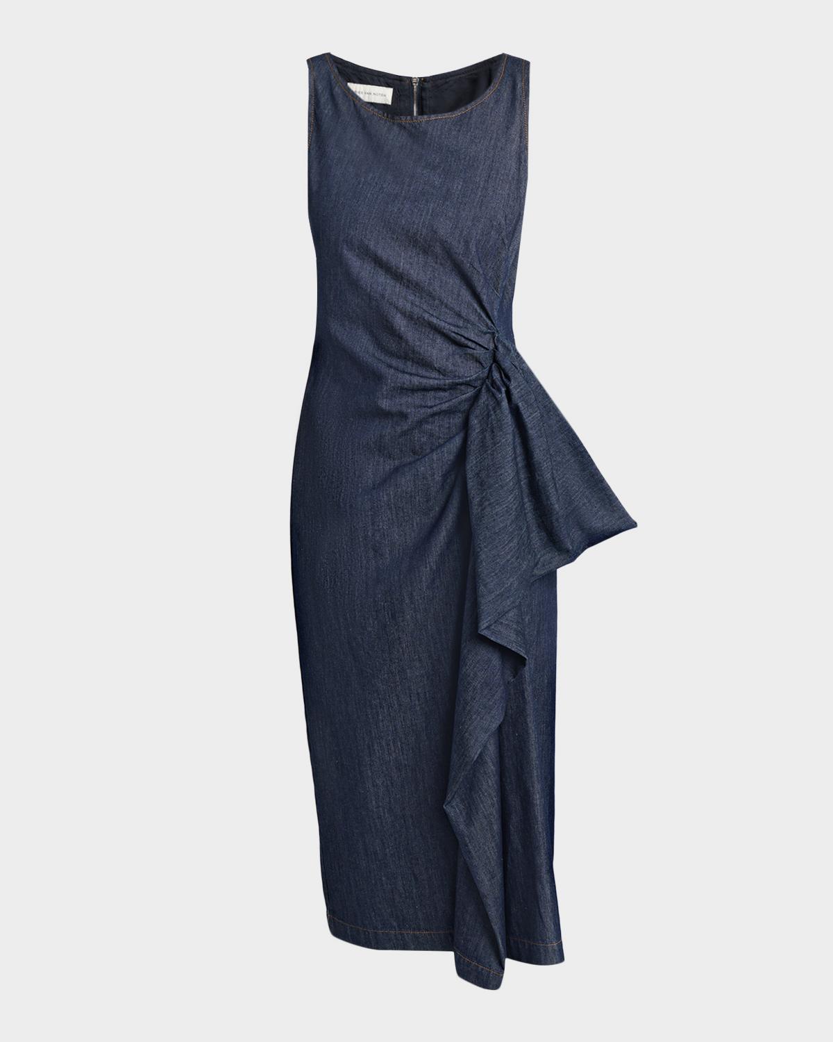 Dries Van Noten Dropps Denim Ruffle Sleeveless Midi Dress In Indigo