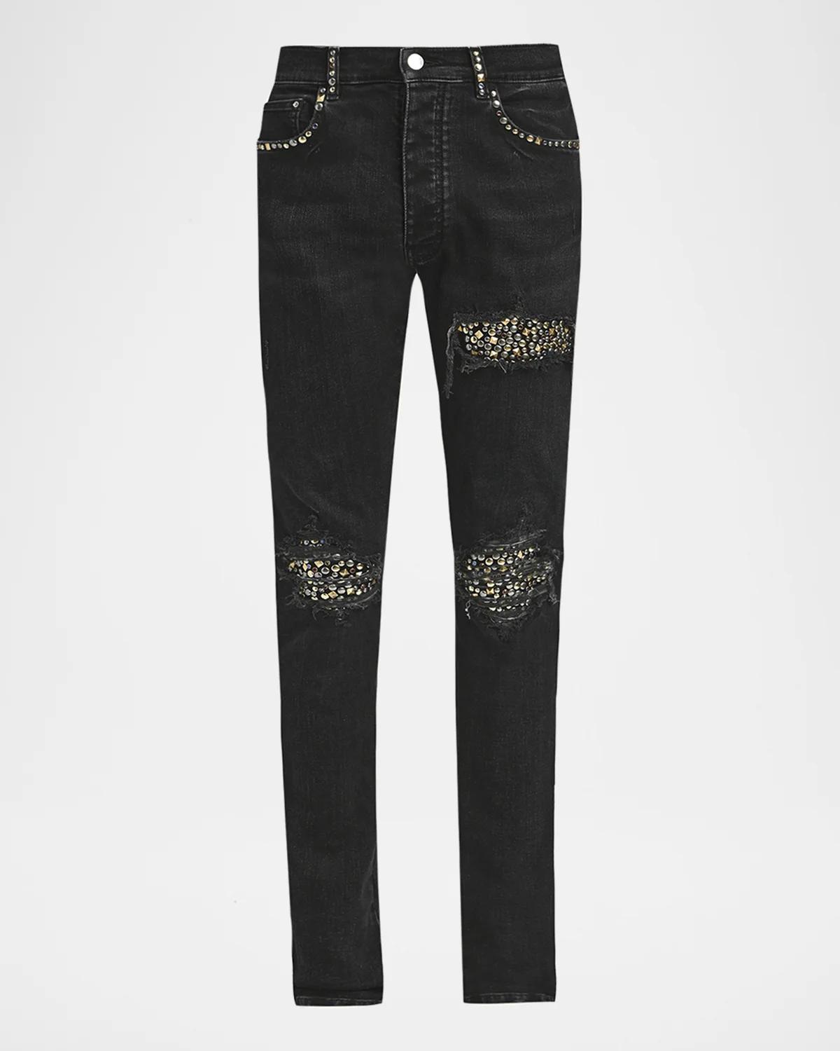 Amiri Men's Studded Rip and Repair Black Denim Skinny Jeans
