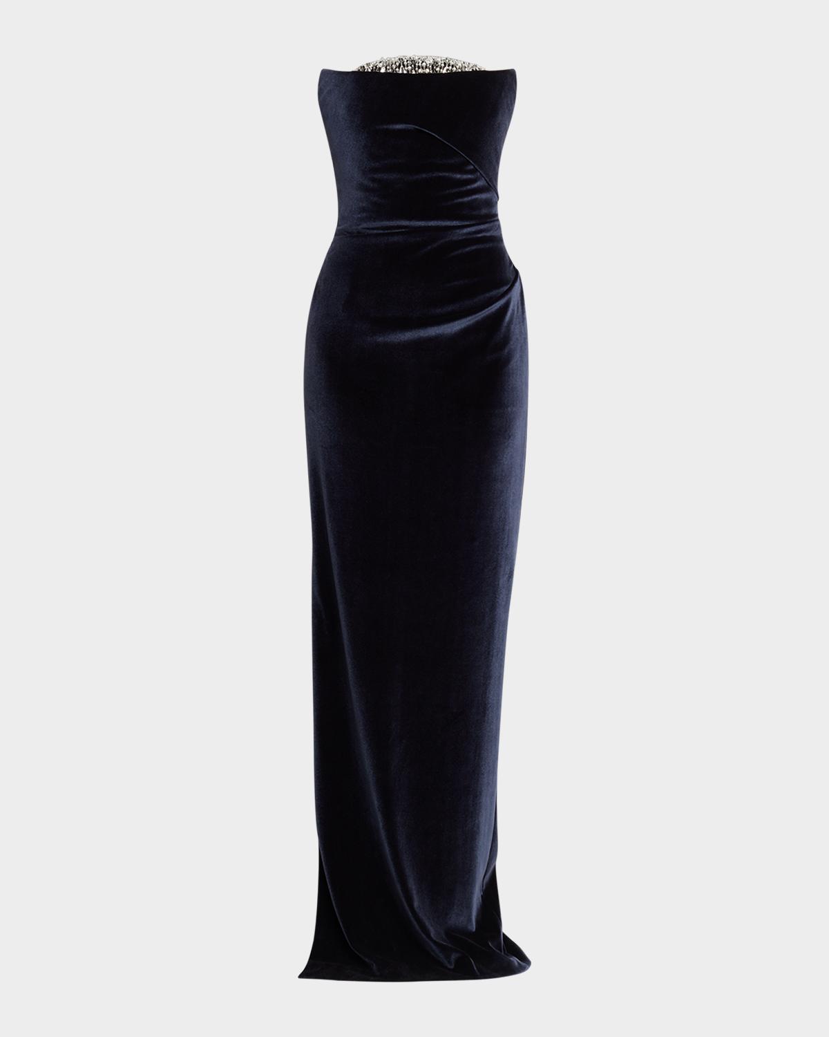 Pamella Roland Strapless Crystal Embellished Velvet Column Gown