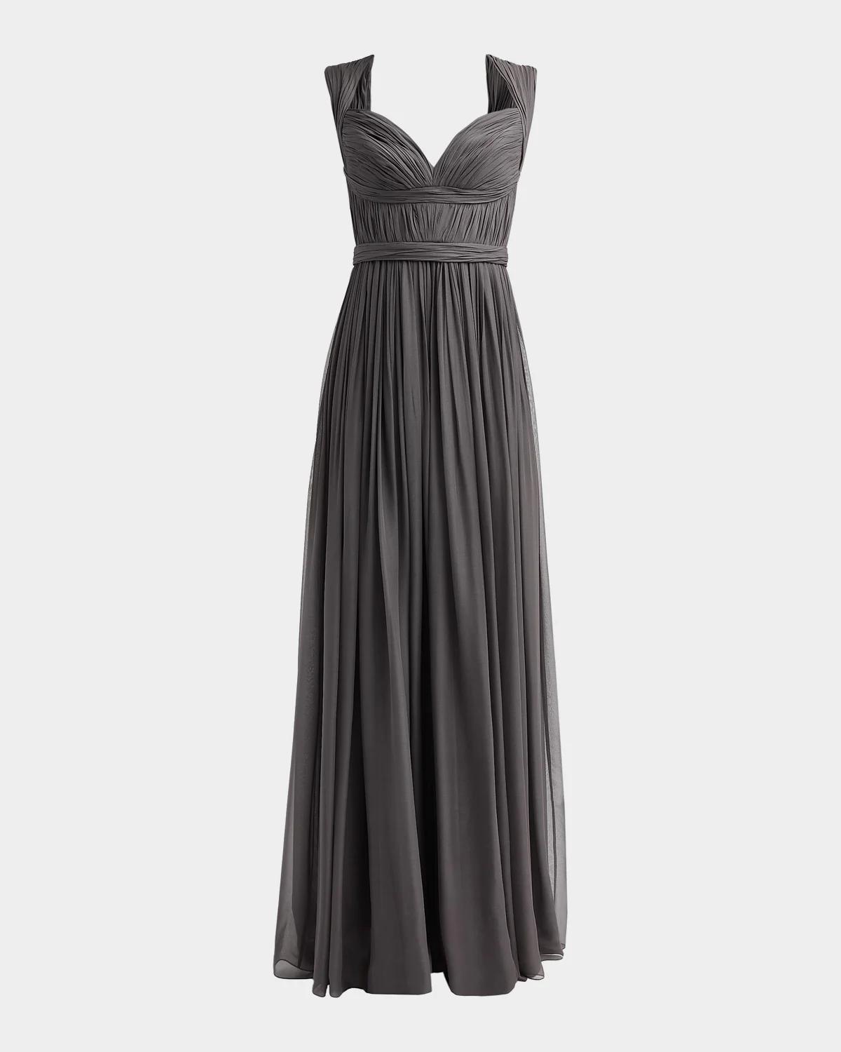 Pamella Roland Sleeveless Ruched Chiffon Cape Gown
