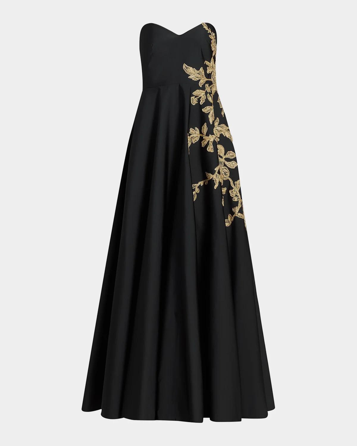 Pamella Roland Raffia Floral-Embroidered Faille Strapless Gown