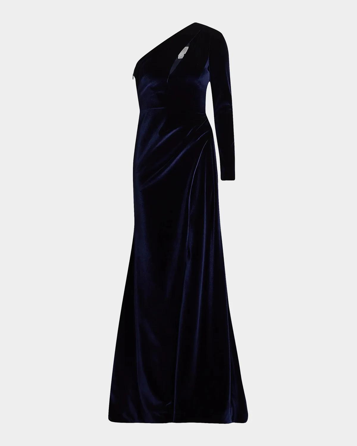 Pamella Roland Velvet One-Shoulder Cut-Out Gown
