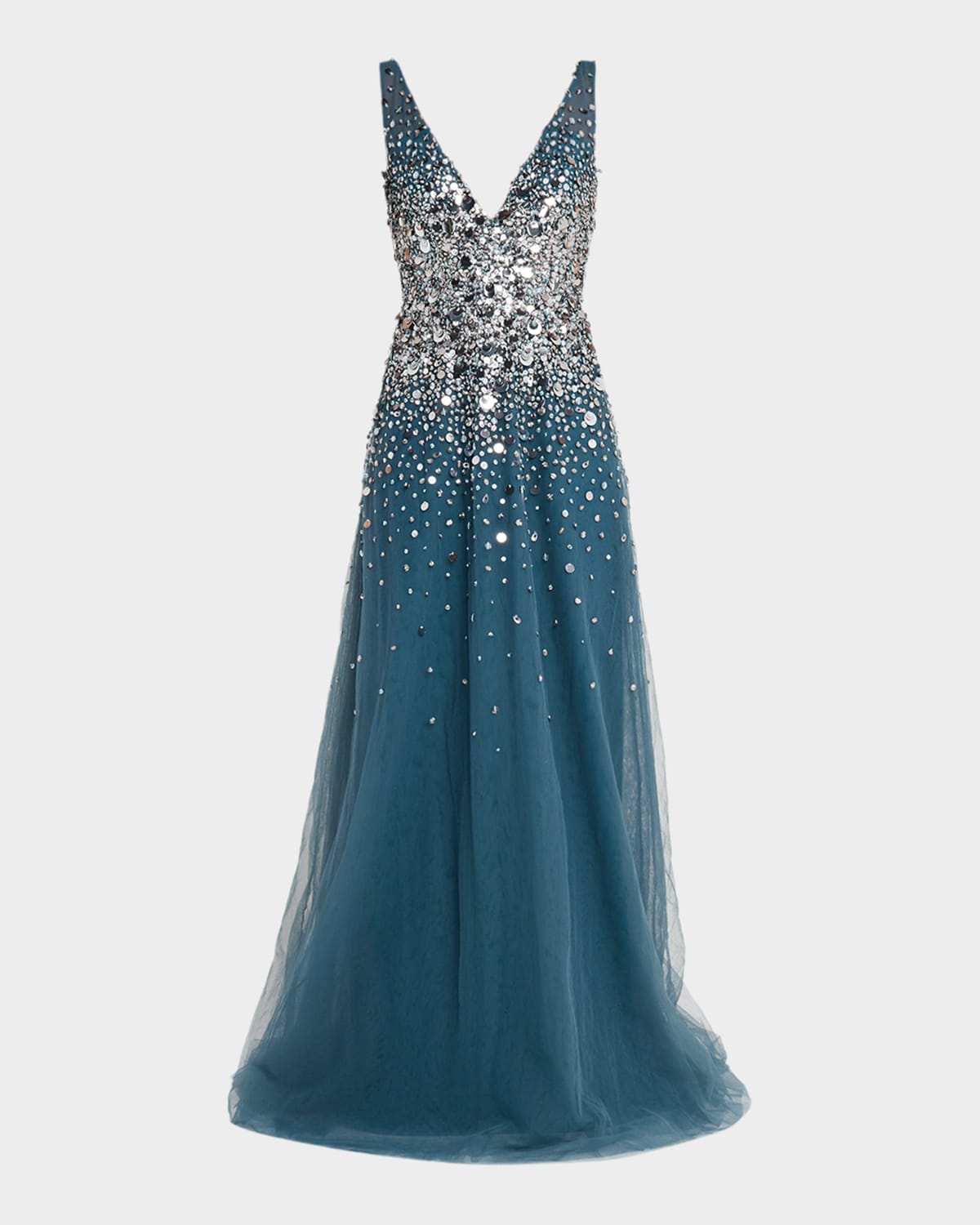 Pamella Roland Plunging Beaded Tulle A-line Gown In Teal Multi