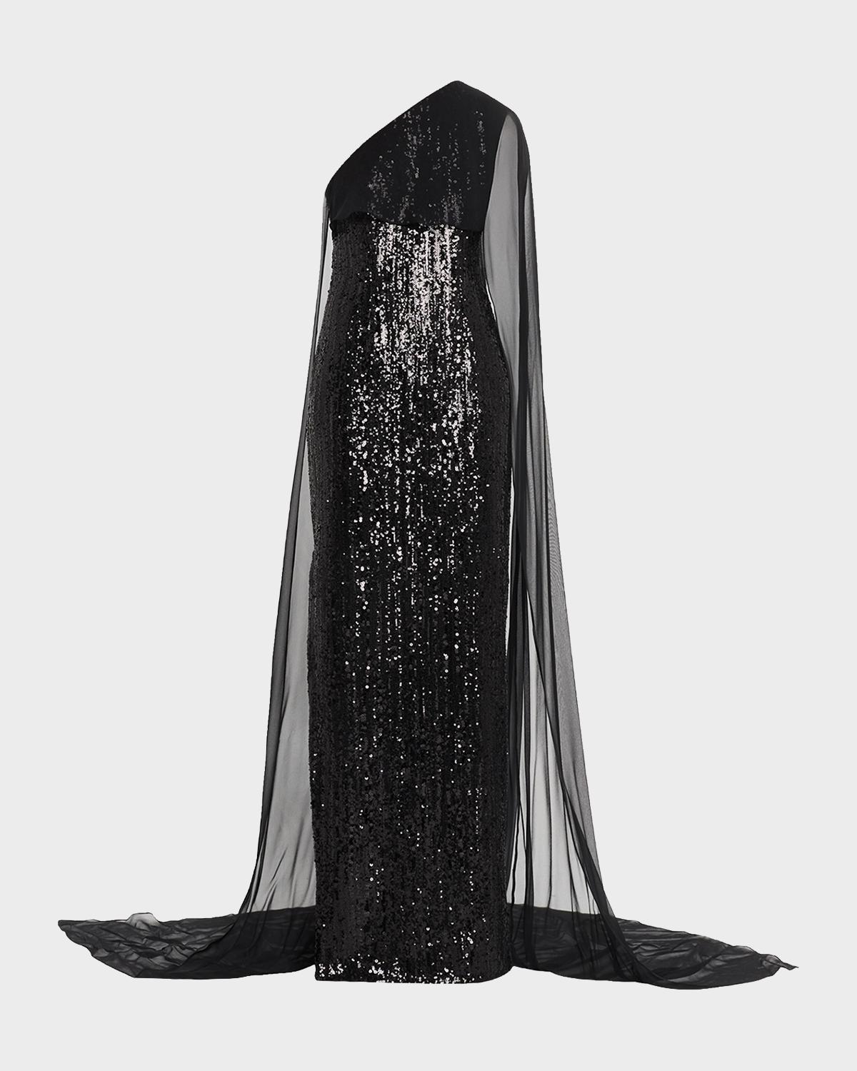 Pamella Roland Mixed Sized Sequin Column Gown with Cape