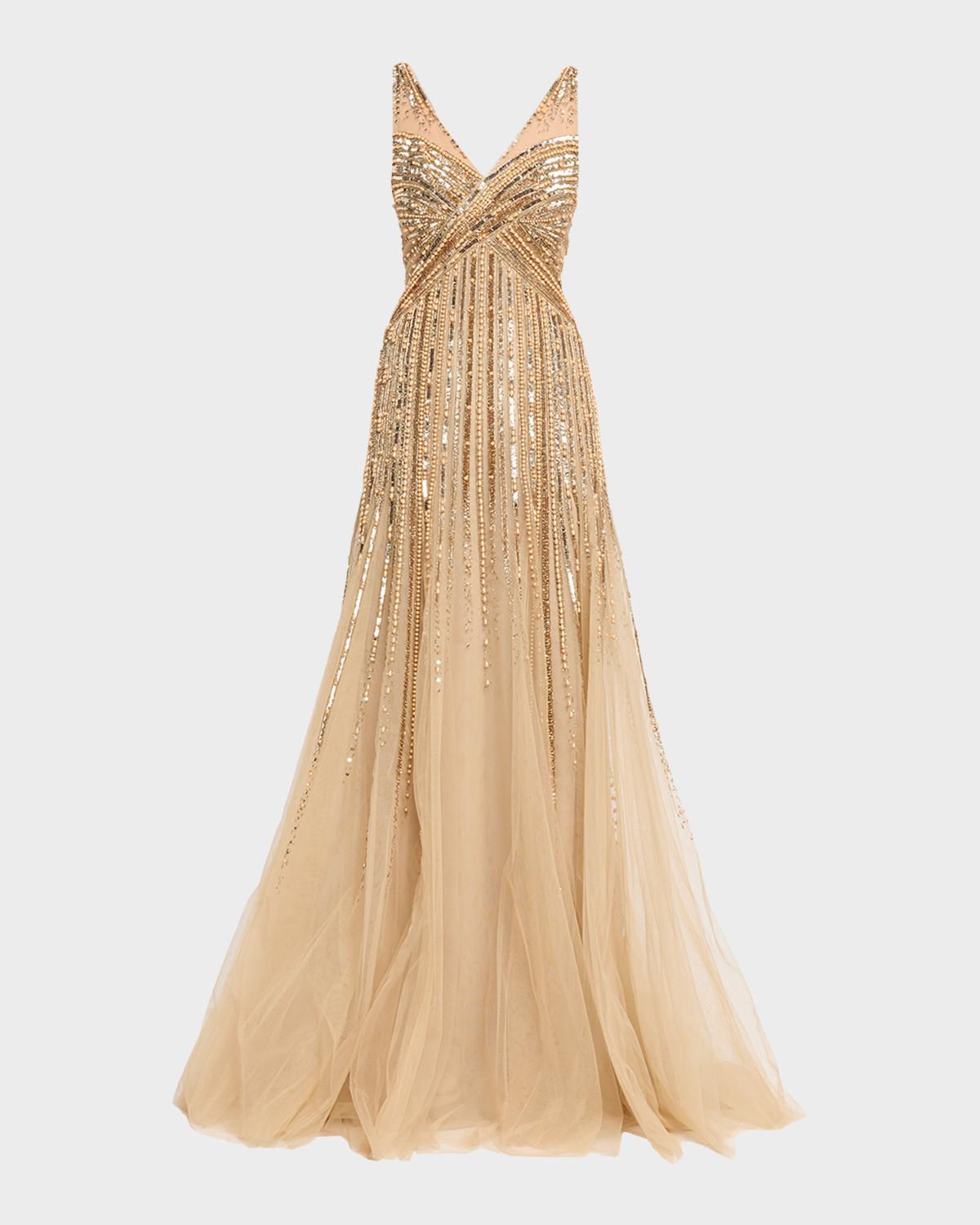 Pamella Roland Sleeveless Beaded Tulle Backless Gown
