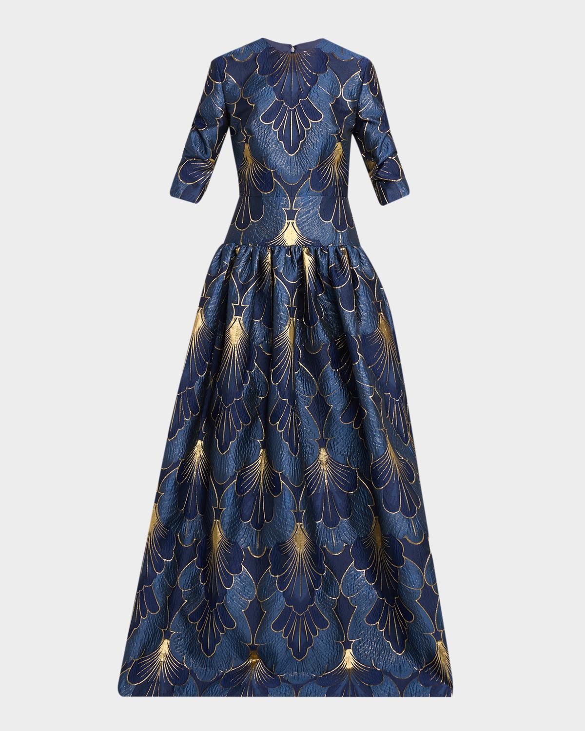 Reem Acra 3/4-Sleeve Lame Brocade Drop-Waist Gown