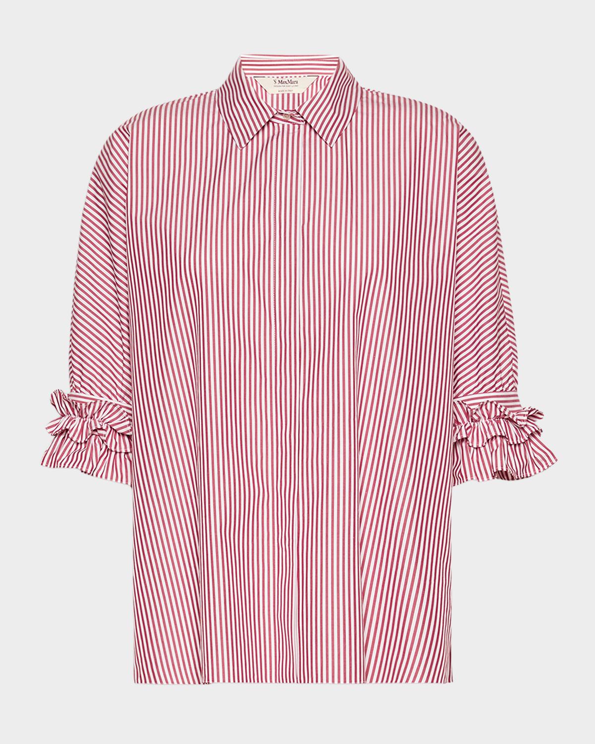 Max Mara Ruffle-trim Striped Cotton Poplin Shirt In Bordeaux