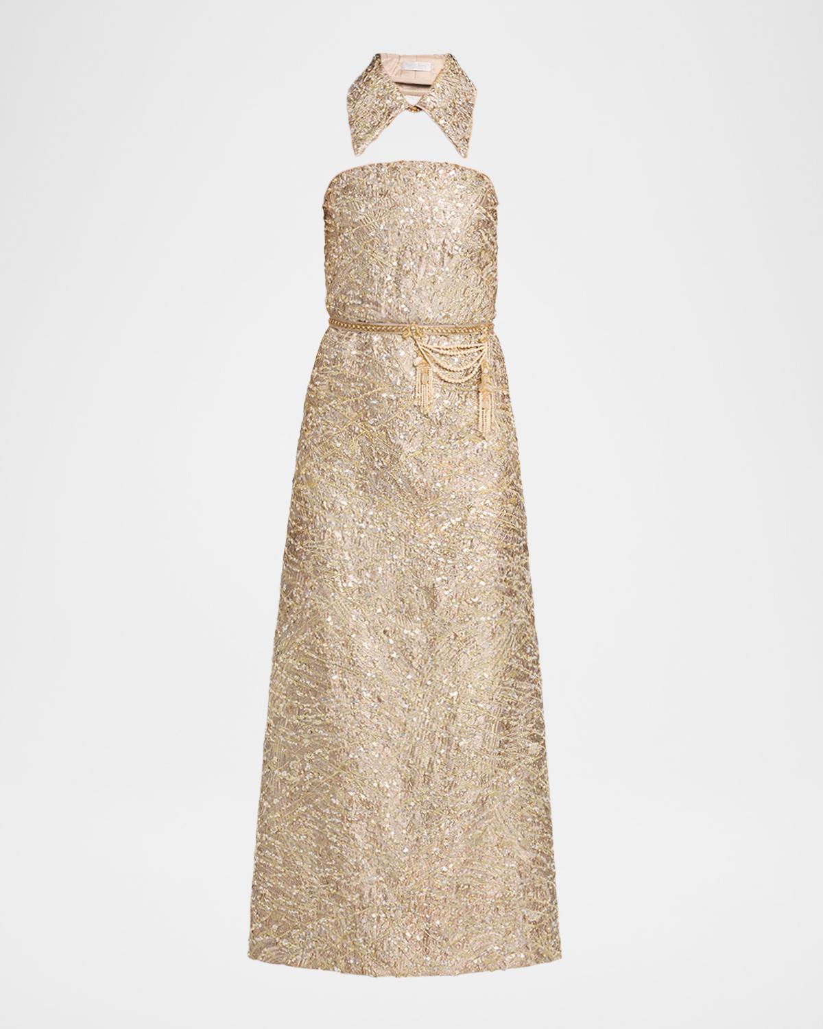 Reem Acra Collared Strapless Embellished Midi Cocktail Dress In Gold Silve