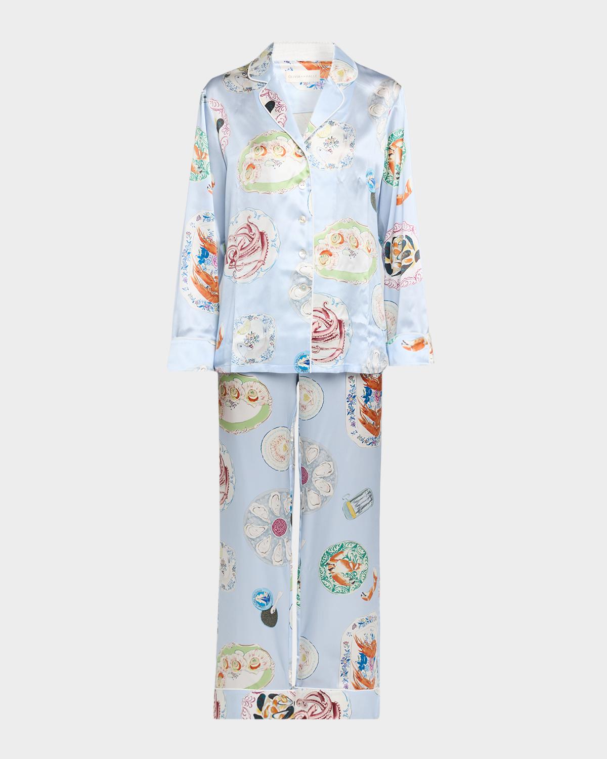 Olivia von Halle Lila Cadiz Seafood-Print Silk Satin Pajama Set