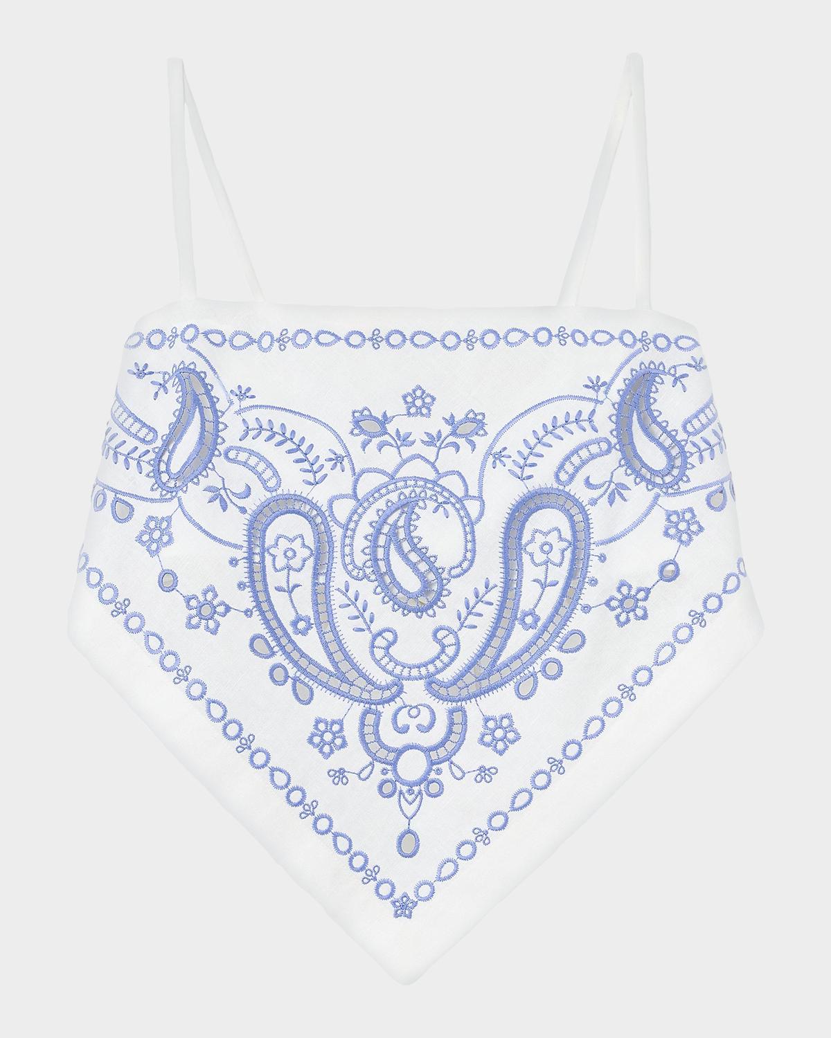 Self-Portrait Bandana Embroidered Linen-Cotton Crop Top