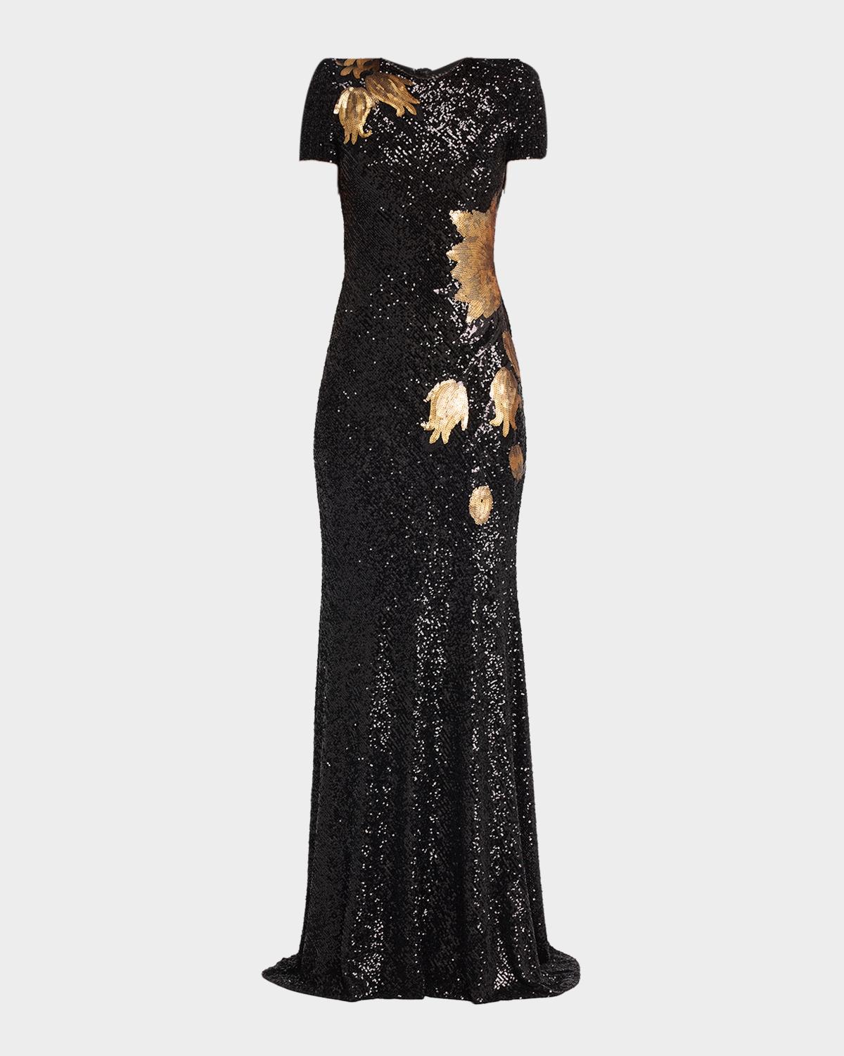 Naeem Khan Short-sleeve Sequined Flower Applique Gown In Black Gold
