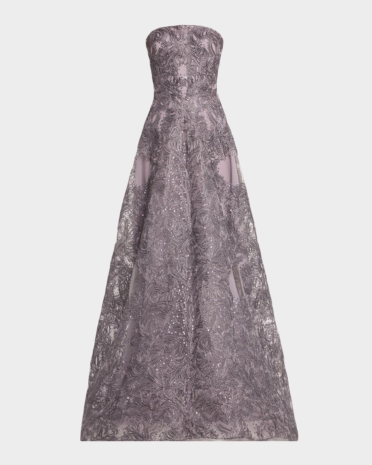 Naeem Khan Strapless Metallic Raffia Gown In Gunmetal
