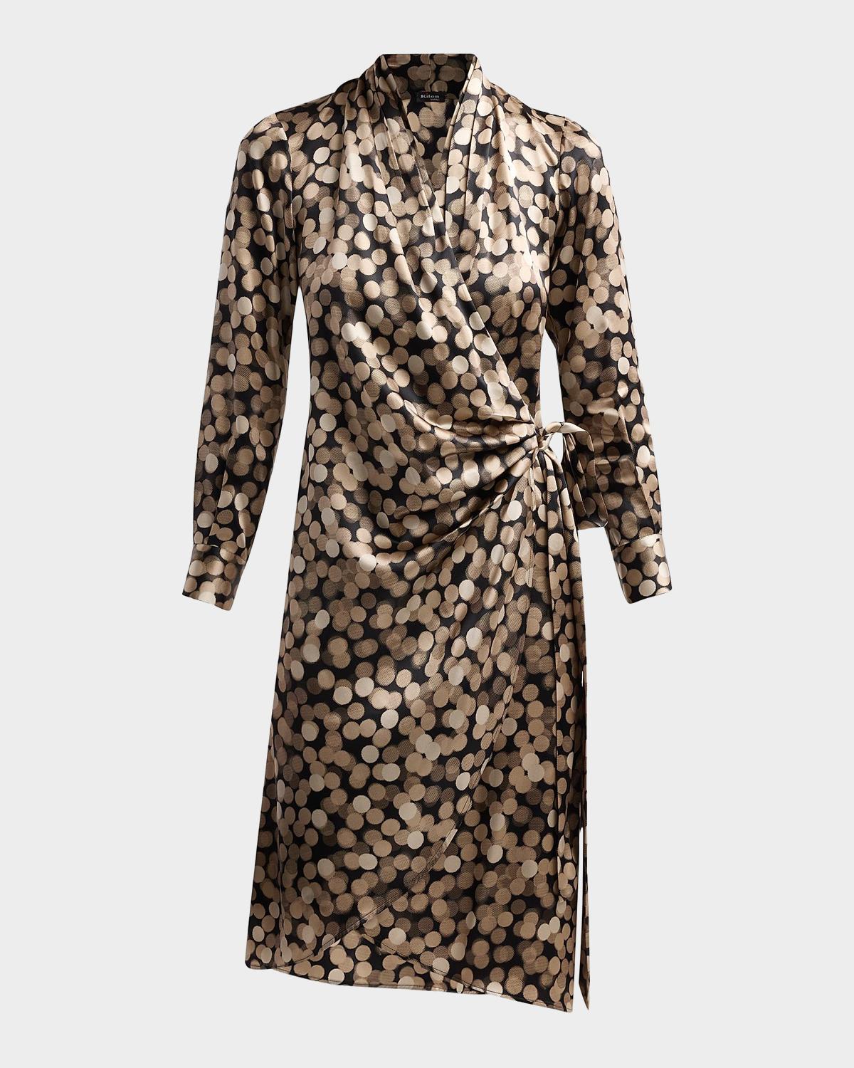 Kiton Printed Silk Wrap Midi Dress In Black Sand