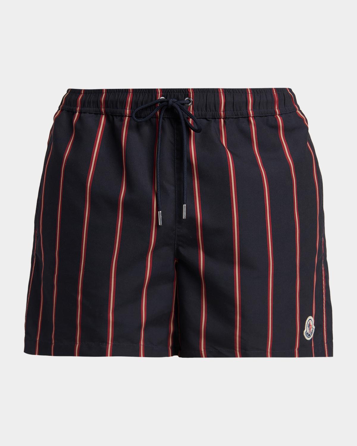 Moncler Men's Stripe Embroidered-Logo Swim Trunks