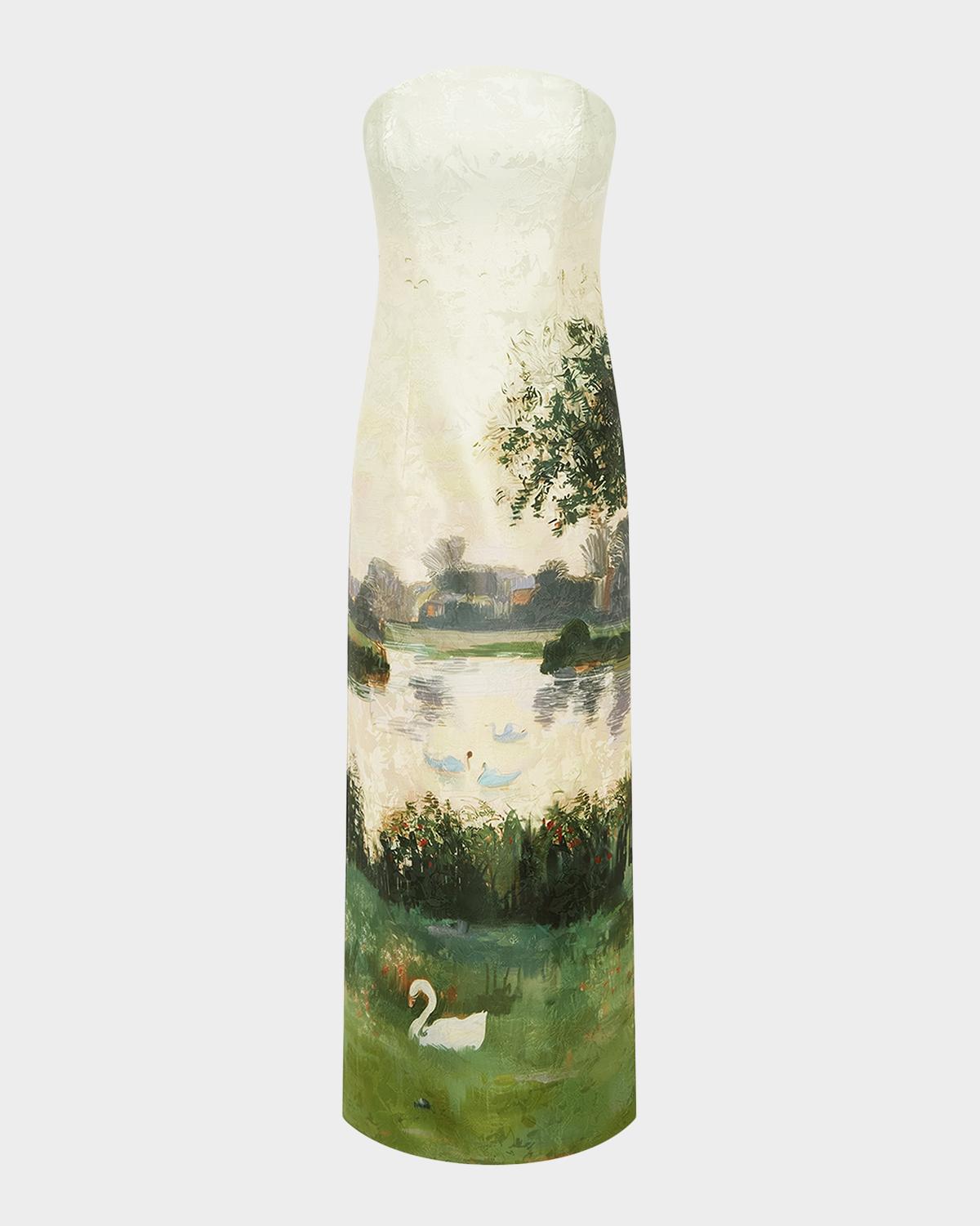 LEO LIN Ava Landscape-Print Jacquard Bustier Maxi Dress