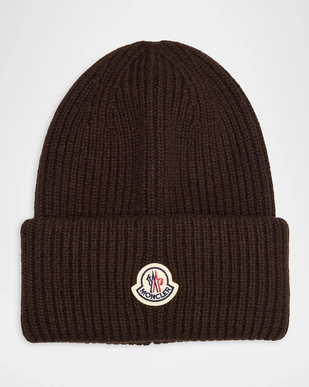 Moncler Men's Wool and Cashmere Ribbed Logo Beanie Hat