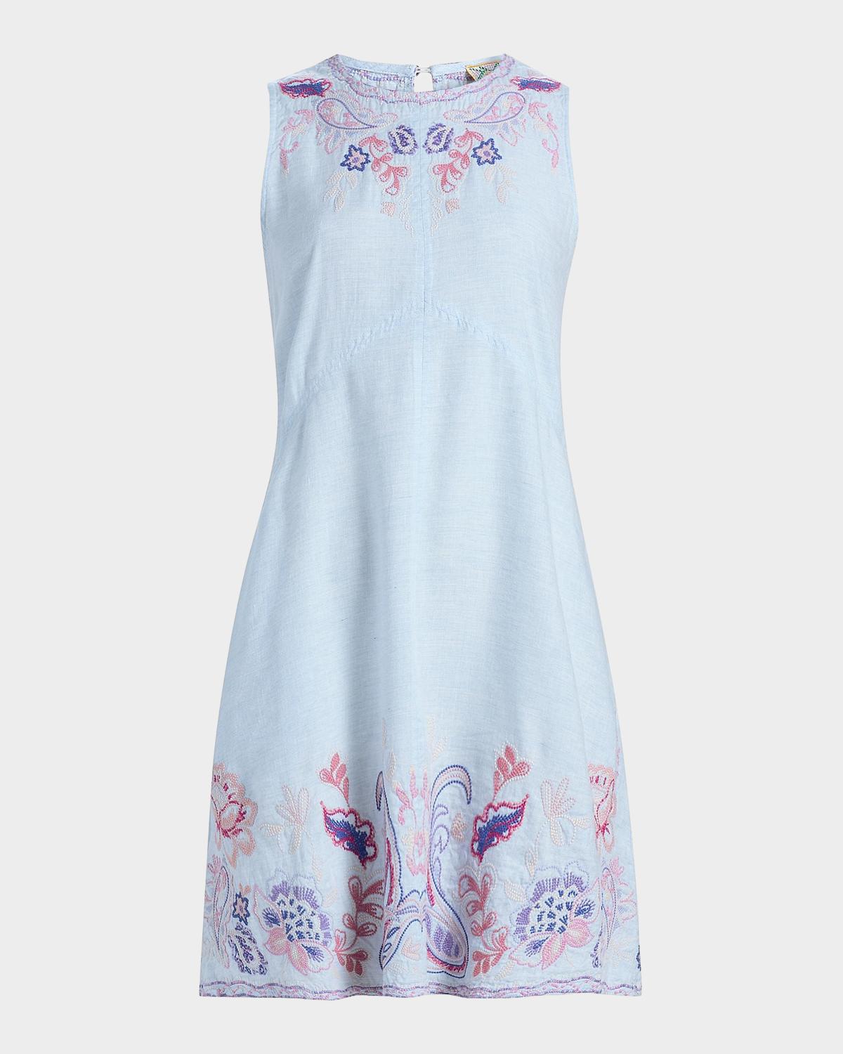 Johnny Was Chevron Cleolia Embroidered Linen-Blend Mini Dress