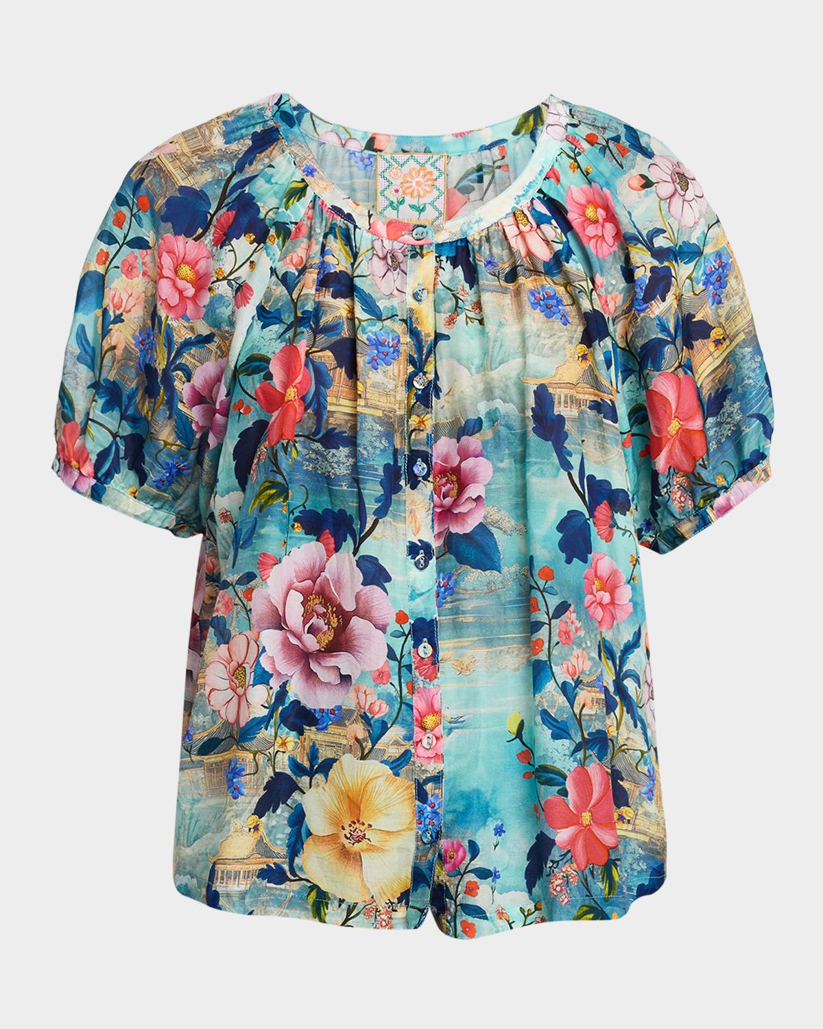 Johnny Was Avah Ruched Floral-Print Shirt
