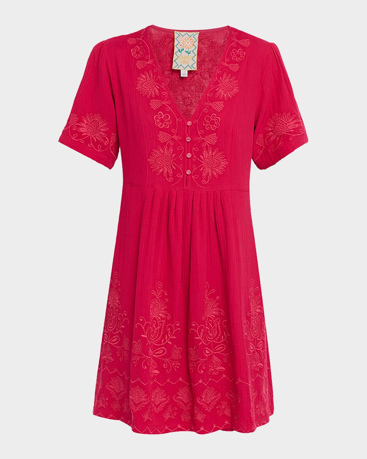 Johnny Was Floral-Embroidered Cotton Gauze Dress