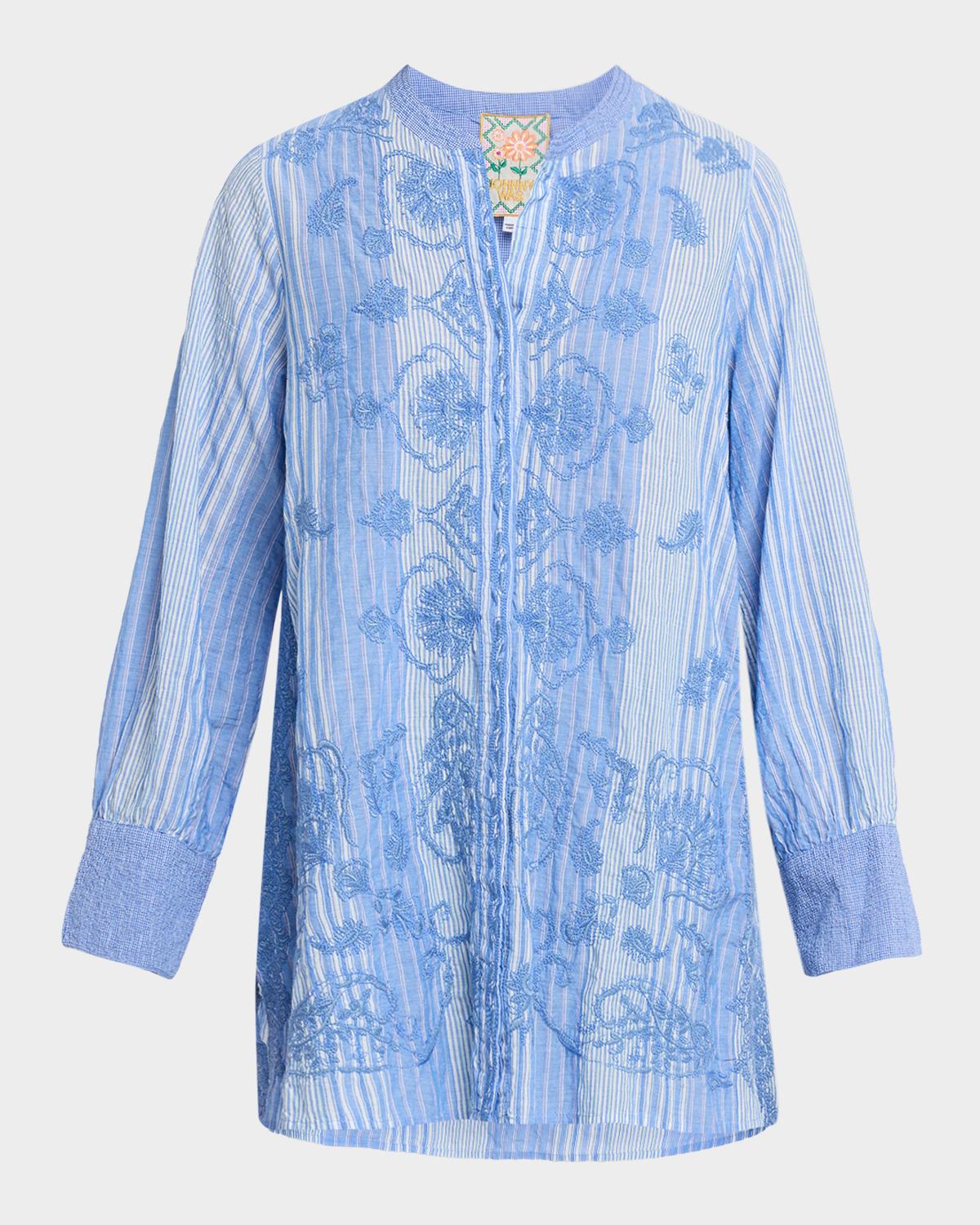 Johnny Was Voyager Embroidered Striped Cotton Tunic