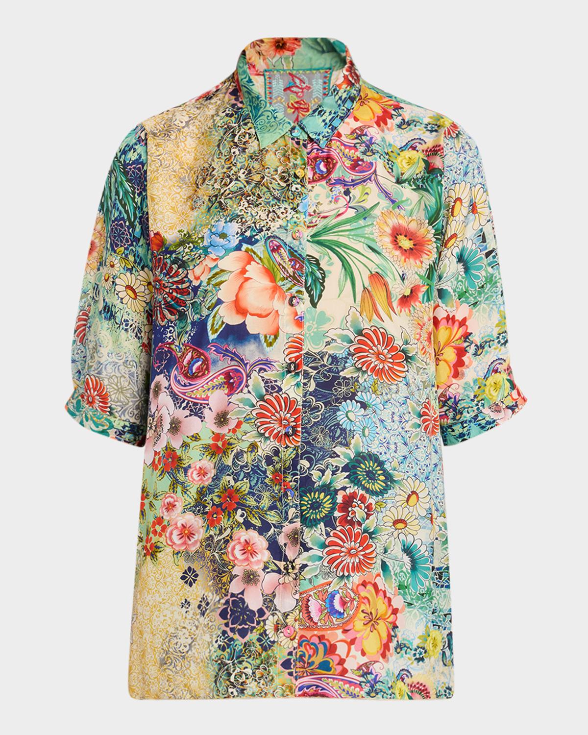 Johnny Was Filaree Floral-Print Silk Blouse