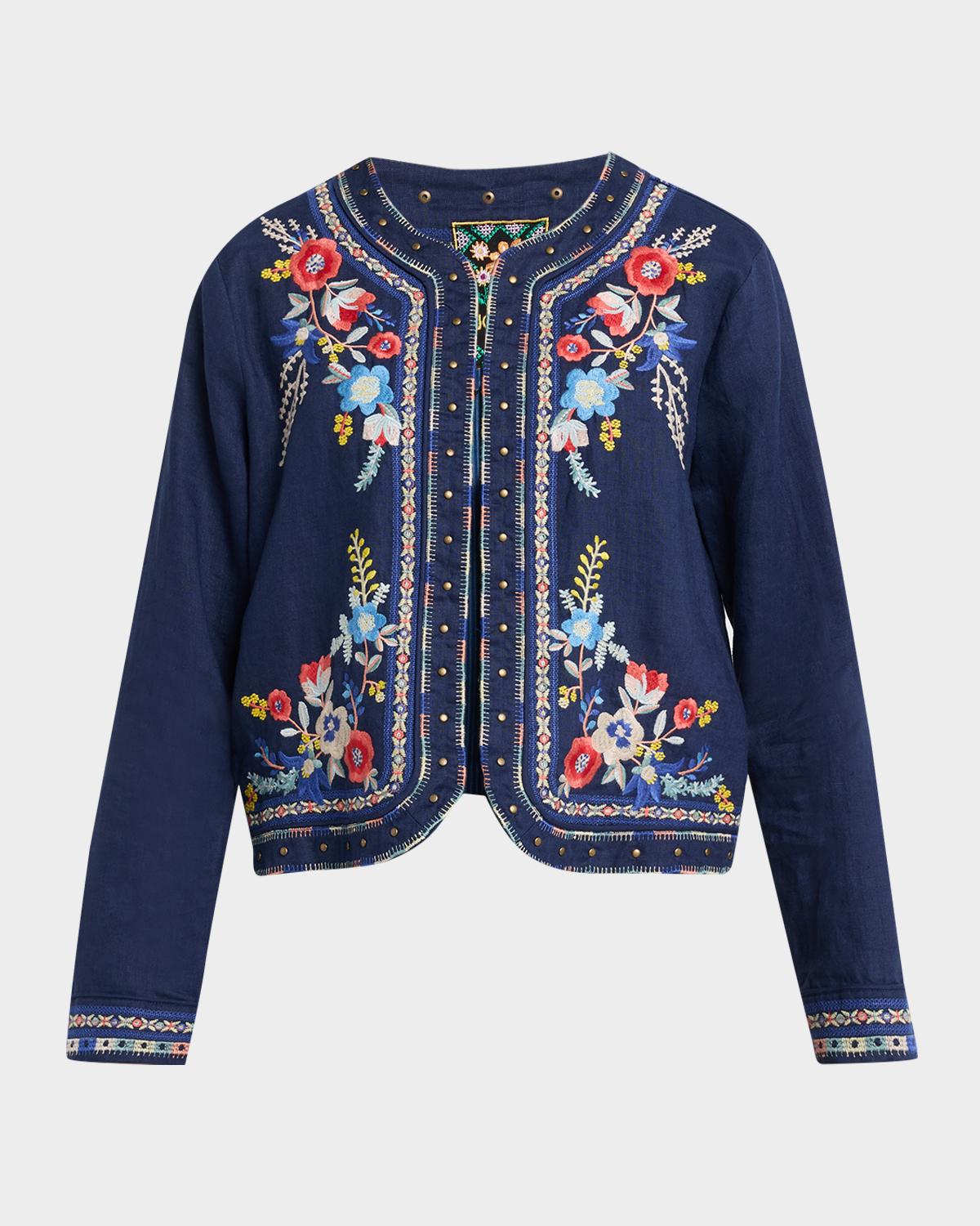 Johnny Was Floral-Embroidered Linen Bolero Jacket