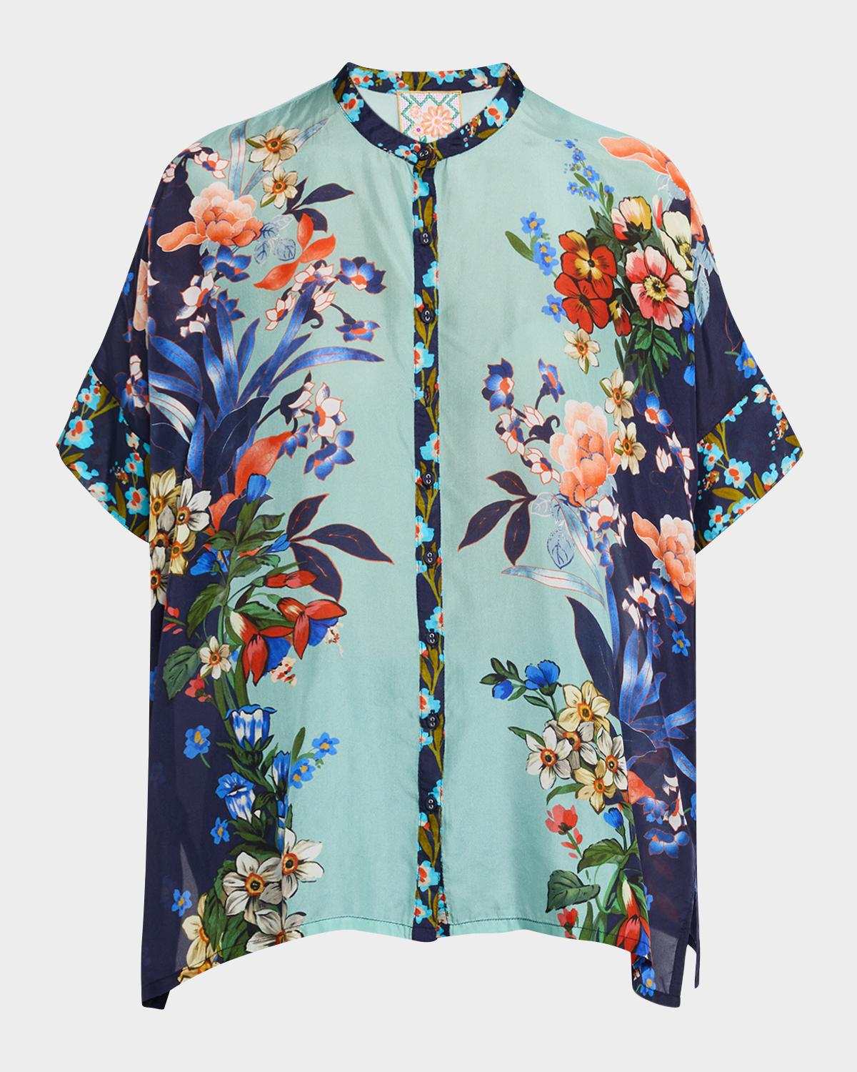 Johnny Was Shiro Floral-Print Silk Shirt