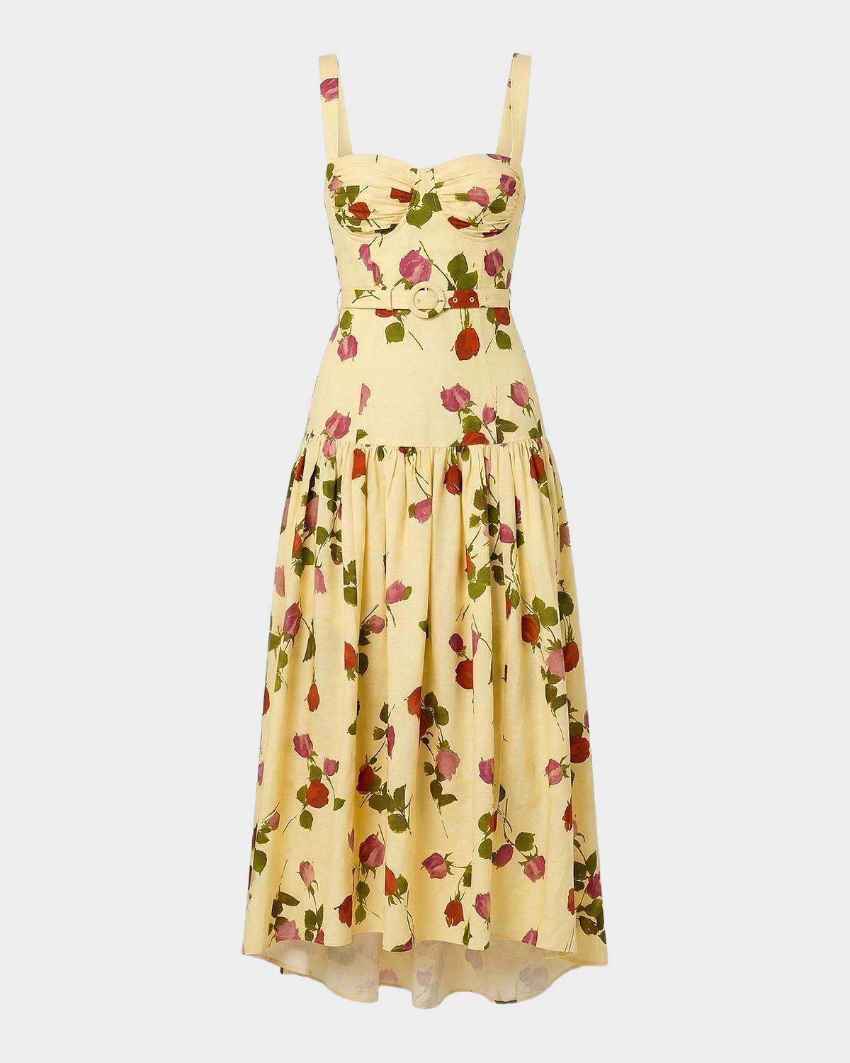 NICHOLAS Drenica Floral Linen-Blend Drop-Waist Midi Dress