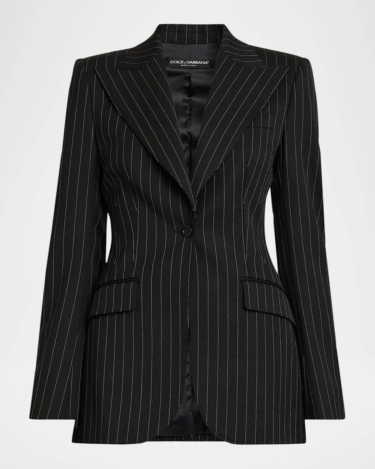 Pinstriped Stretch Virgin-Wool Single-Breasted Blazer