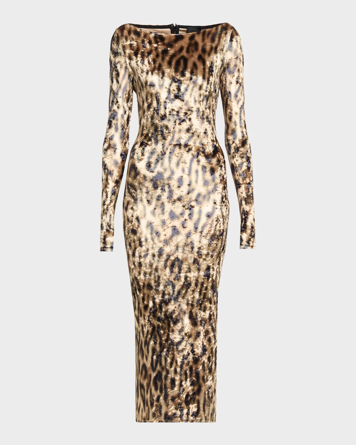 LAPOINTE Leopard-Print Velvet Boat-Neck Long-Sleeve Maxi Dress