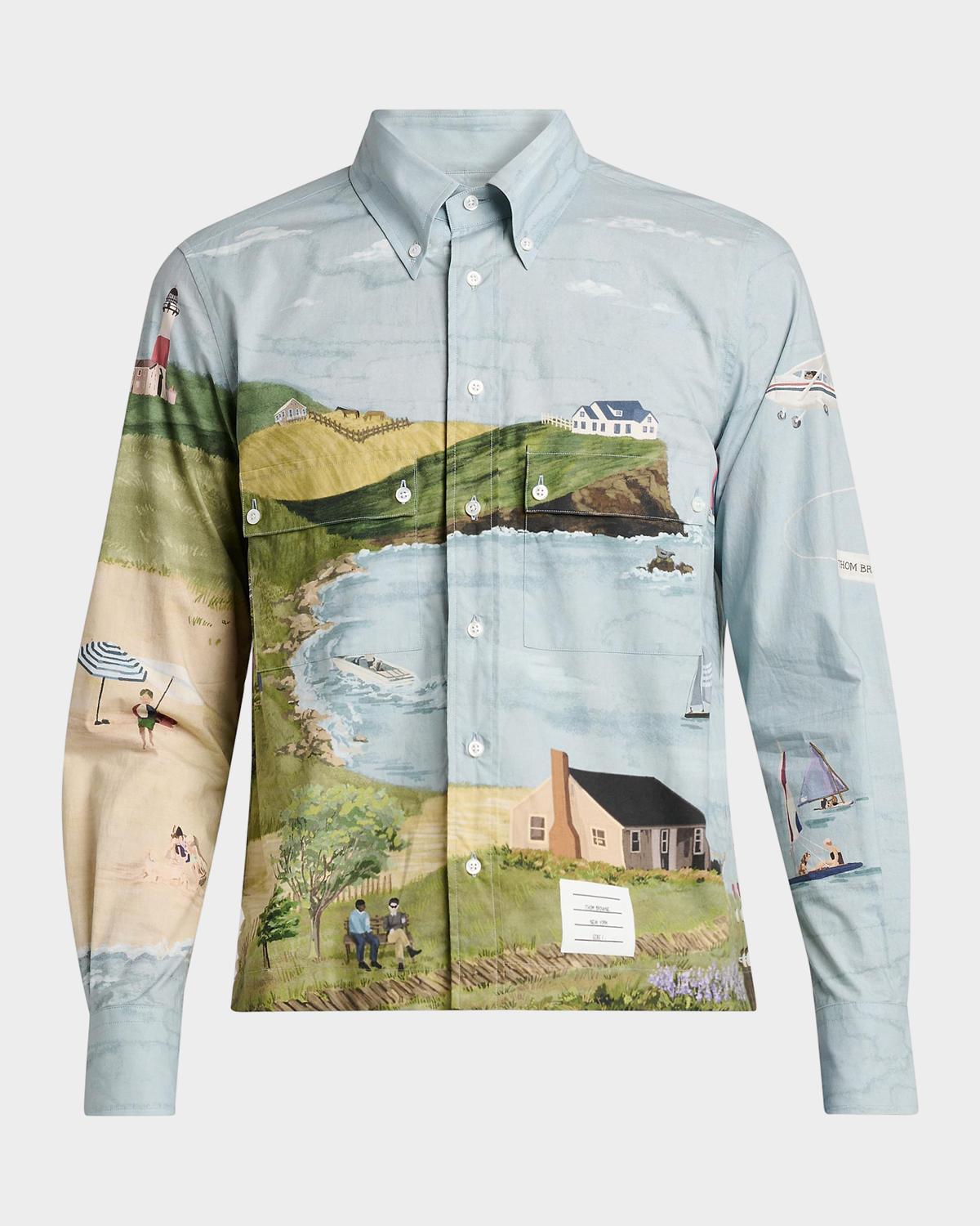Thom Browne Men's Nantucket-Print Cotton Poplin Utility Shirt