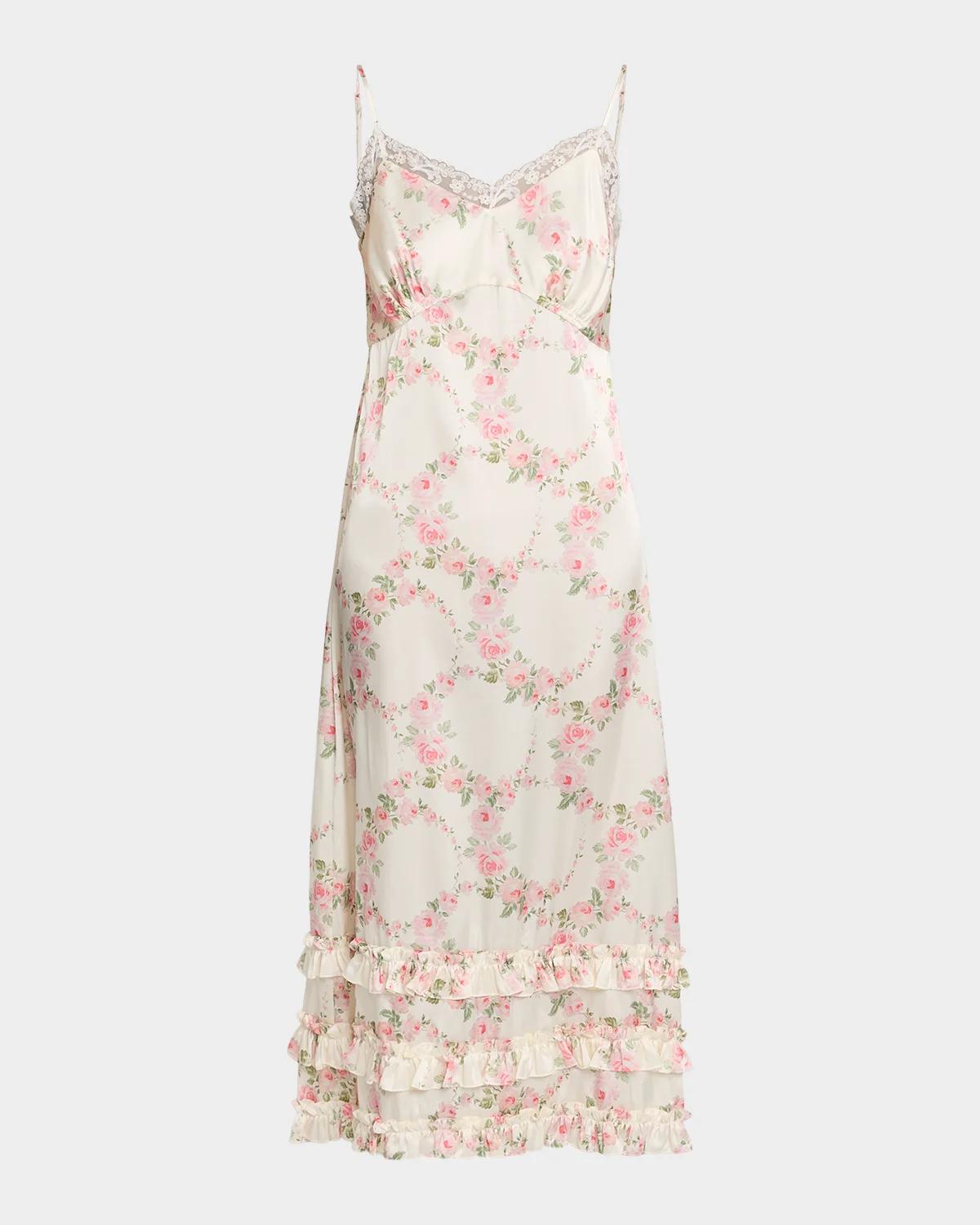 Simone Rocha Floral Satin Tiered Ruffle Midi Slip Dress