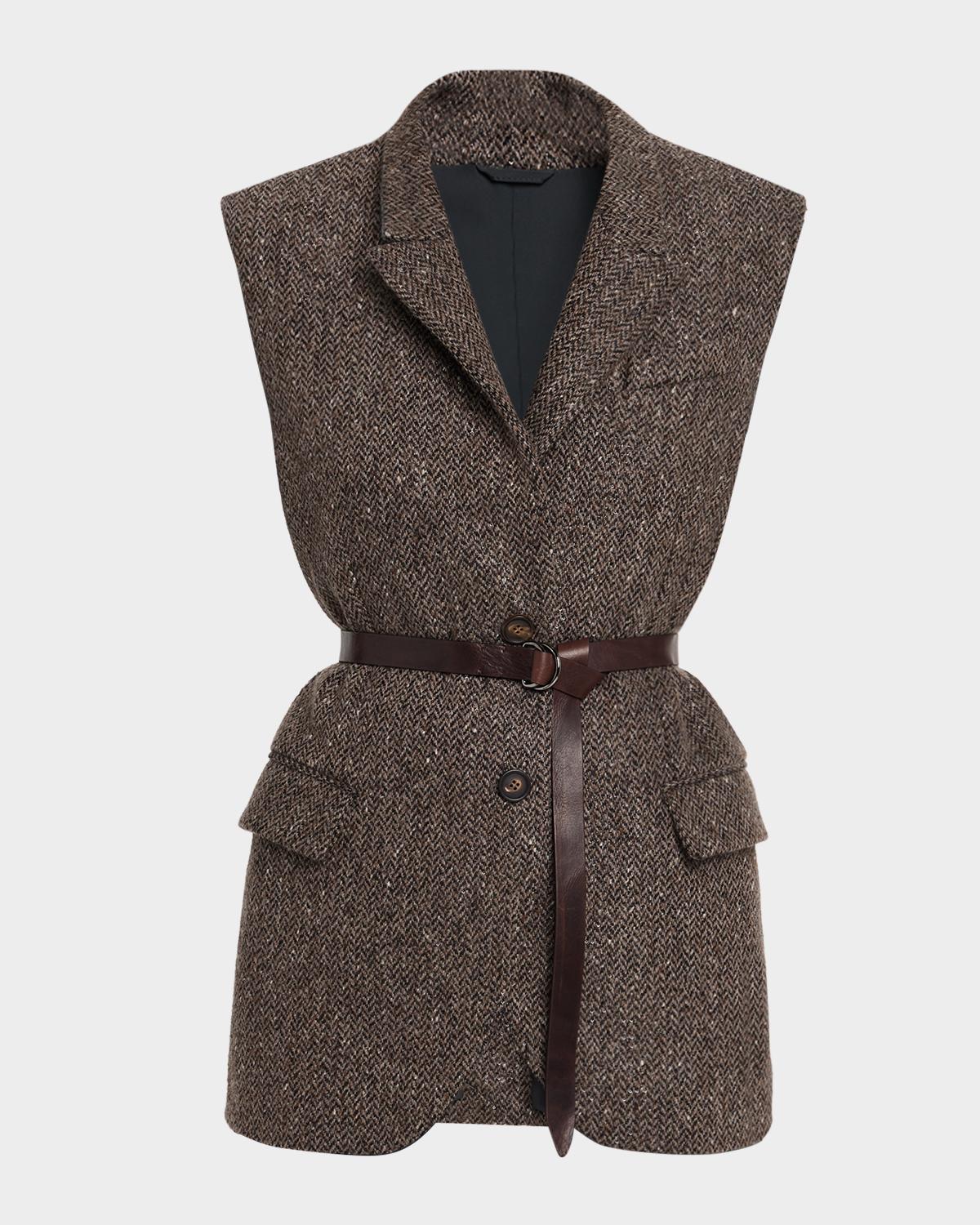 Brunello Cucinelli Wool-Blend Herringbone Belted Vest