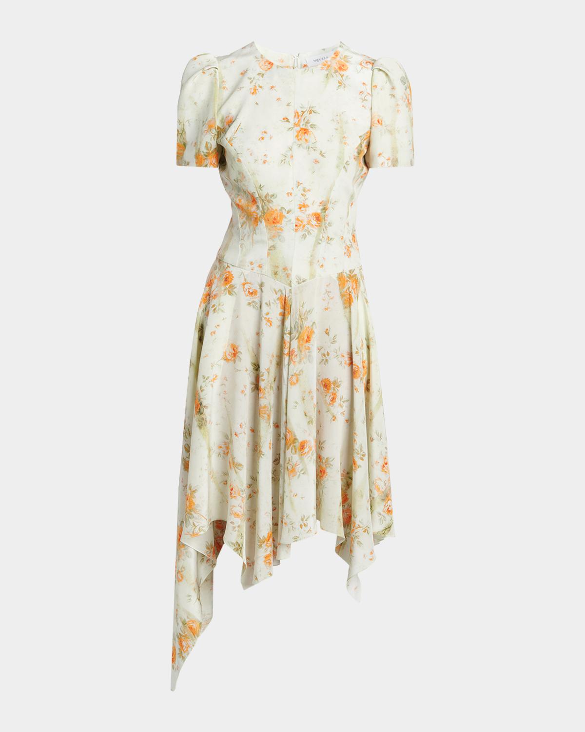 McQueen Puff-Sleeve Asymmetric-Hem Silk Midi Dress