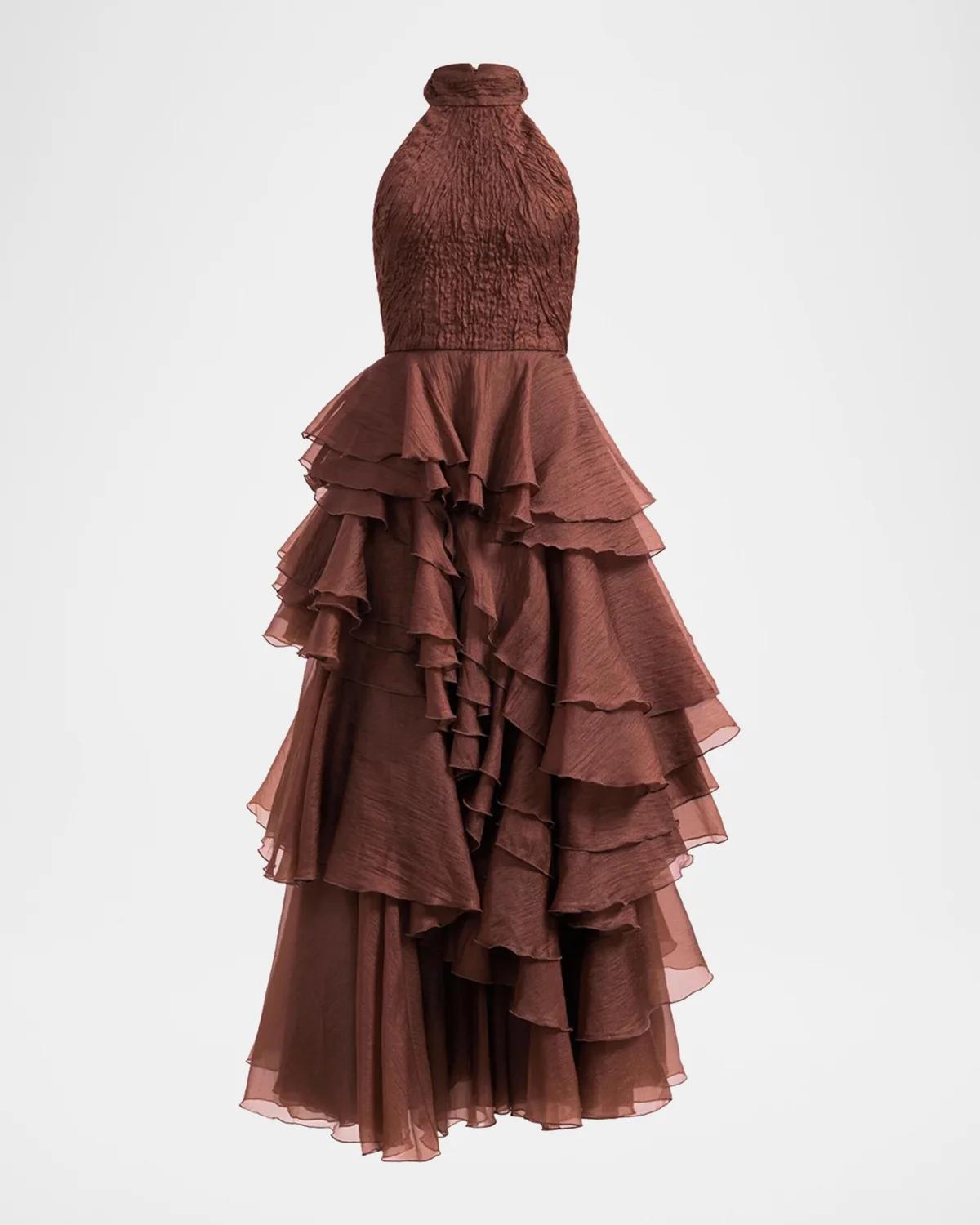 Aje Fayette Strapless Asymmetric Tiered-ruffle Gown In Dark Chocolate