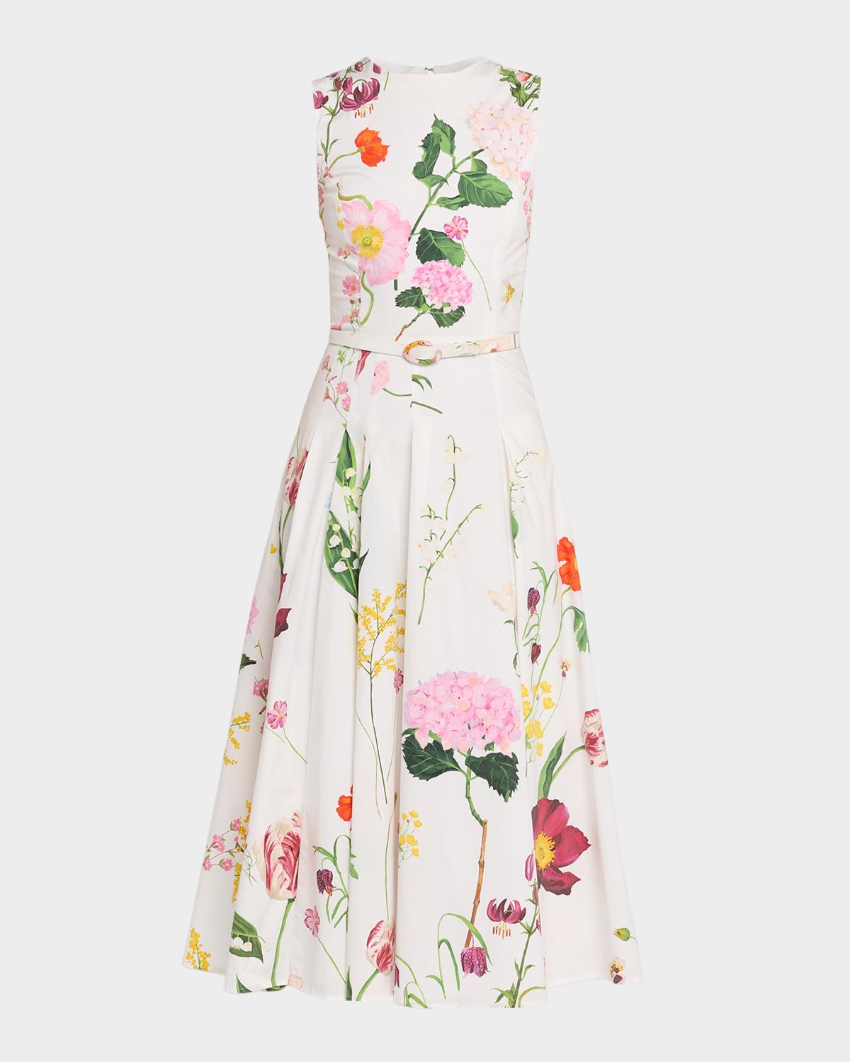 Oscar de la Renta Sleeveless Mixed Botanical Pleated Midi Day Dress With Belt