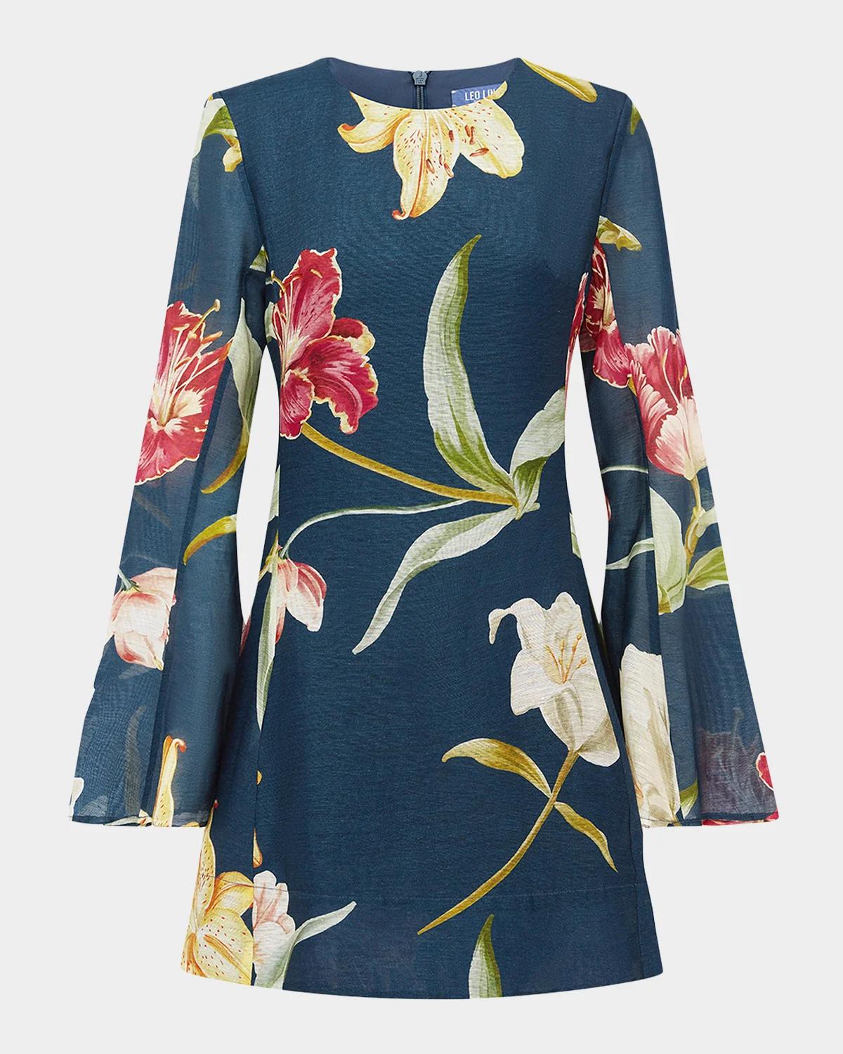 LEO LIN Suzanne Flare-Sleeve Floral Linen Mini Dress