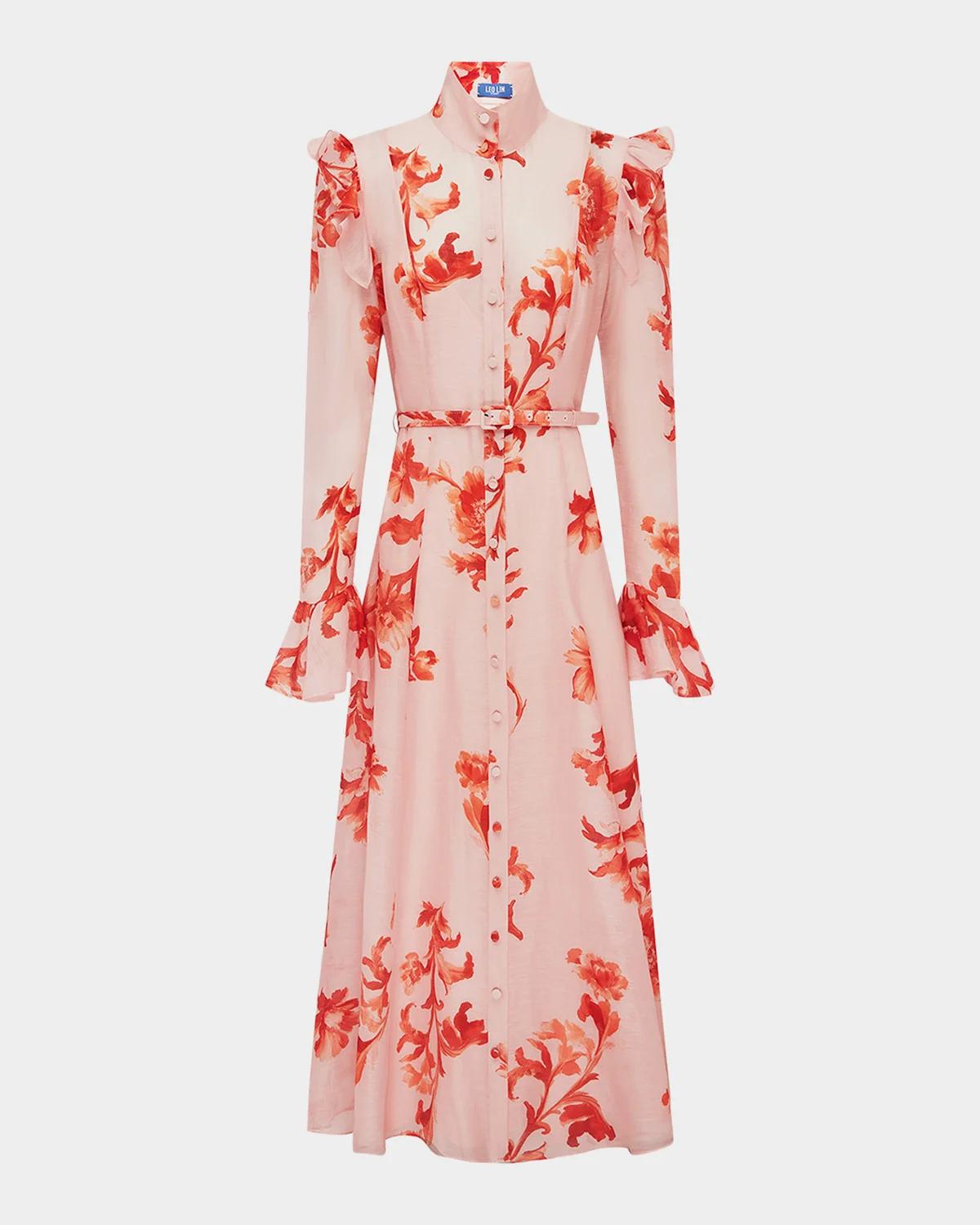 LEO LIN Katrina Ruffle-Trim Floral Maxi Shirtdress
