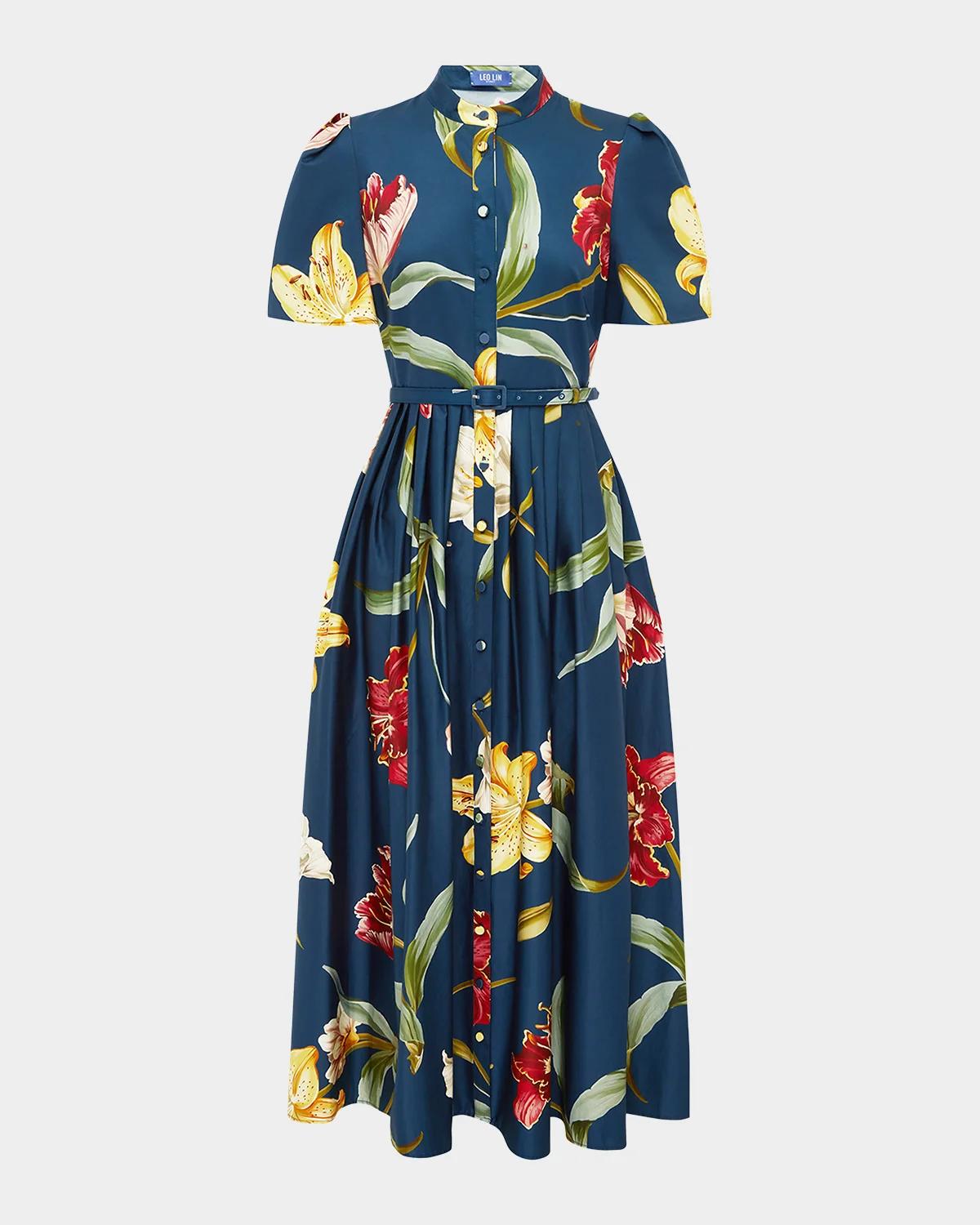 LEO LIN Bianca Pleated Floral-Print Midi Shirtdress